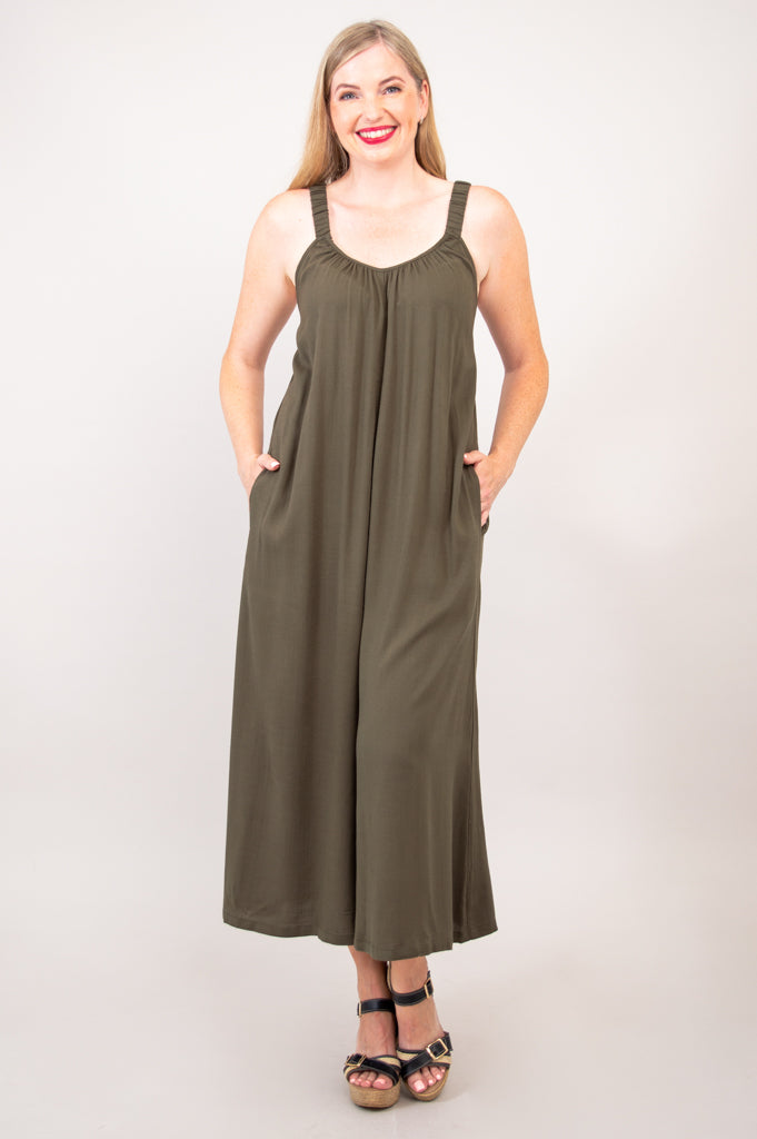 Joanna Jumpsuit - Khaki Linen Bamboo Blend Women's Romper | Perfect for Summer Outfits, Beach Vacations & Casual Wear