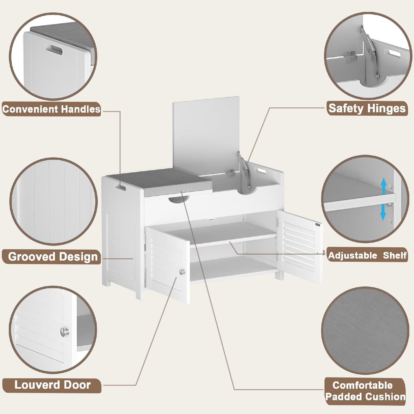 White Shoe Storage Bench with Lift Top - Entryway Bench with 2 Cushioned Seats, 3 Compartments & Adjustable Shelf - Hidden Storage Shoe Cabinet for Entryway, Bedroom & Living Room - Perfect for Organizing Shoes, Hats & Seasonal Items in Small Spaces