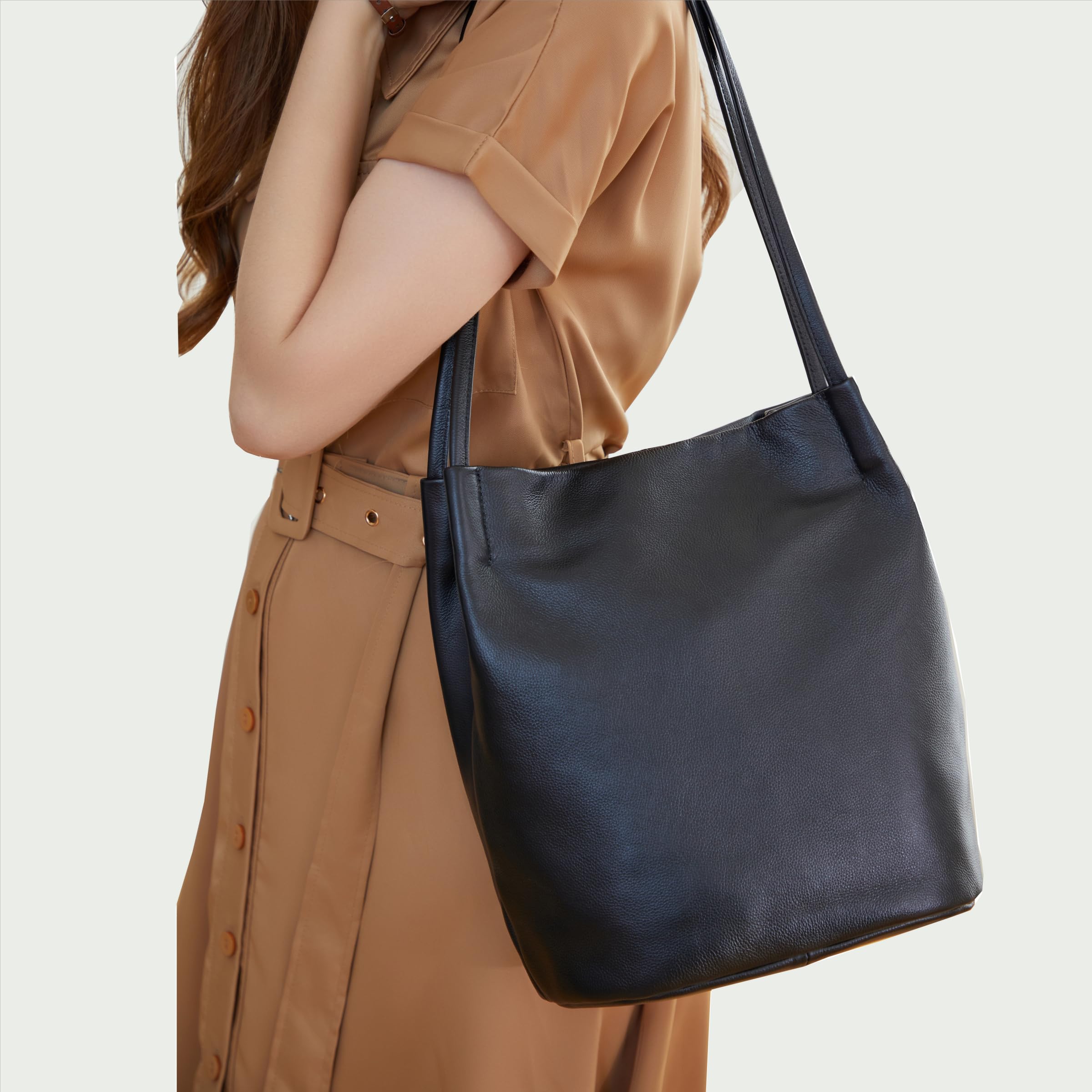 Genuine Leather Tote Bucket Bag for Women - Stylish Hobo Shoulder Purse & Handbag - Perfect for Work, Travel & Everyday Use