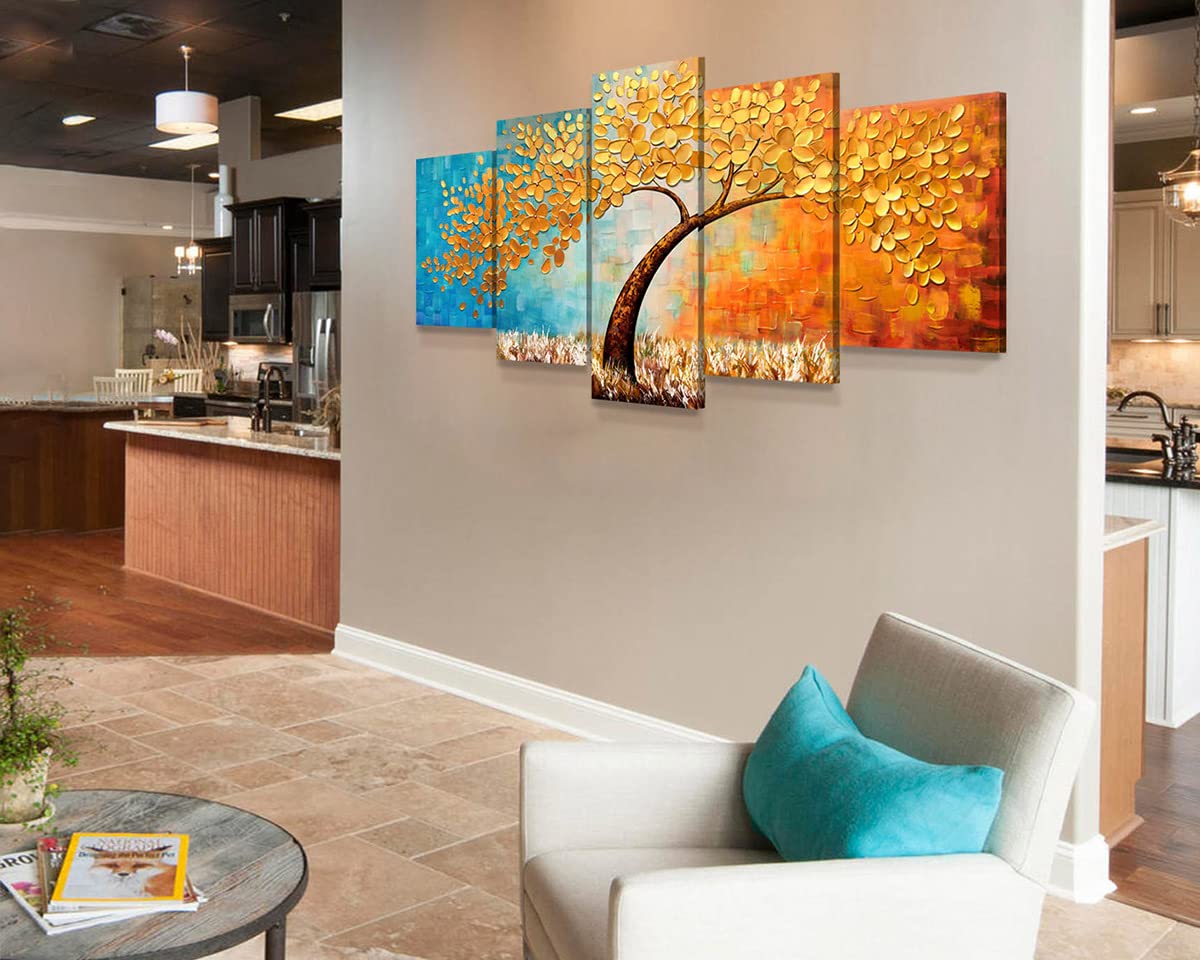 Large Canvas Wall Art - 80x40in Gold Tree & Cherry Blossom Flower Painting with 3D Textured Petals, Framed Home Decor for Living Room & Office | Modern Wall Decorations for Bedroom, Dining Room & Workspace