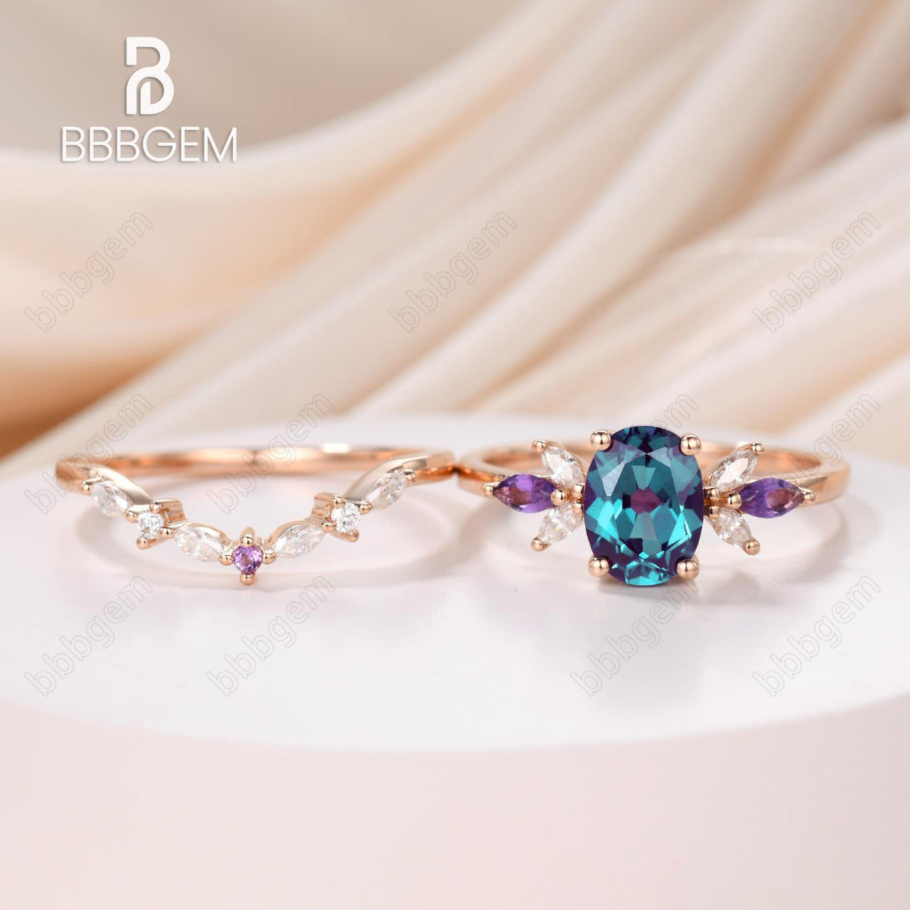 1.5 Carat Vintage Alexandrite Engagement Ring Set with Oval Cut & Matching Curved Wedding Band - Perfect for Proposals, Anniversaries & Special Occasions
