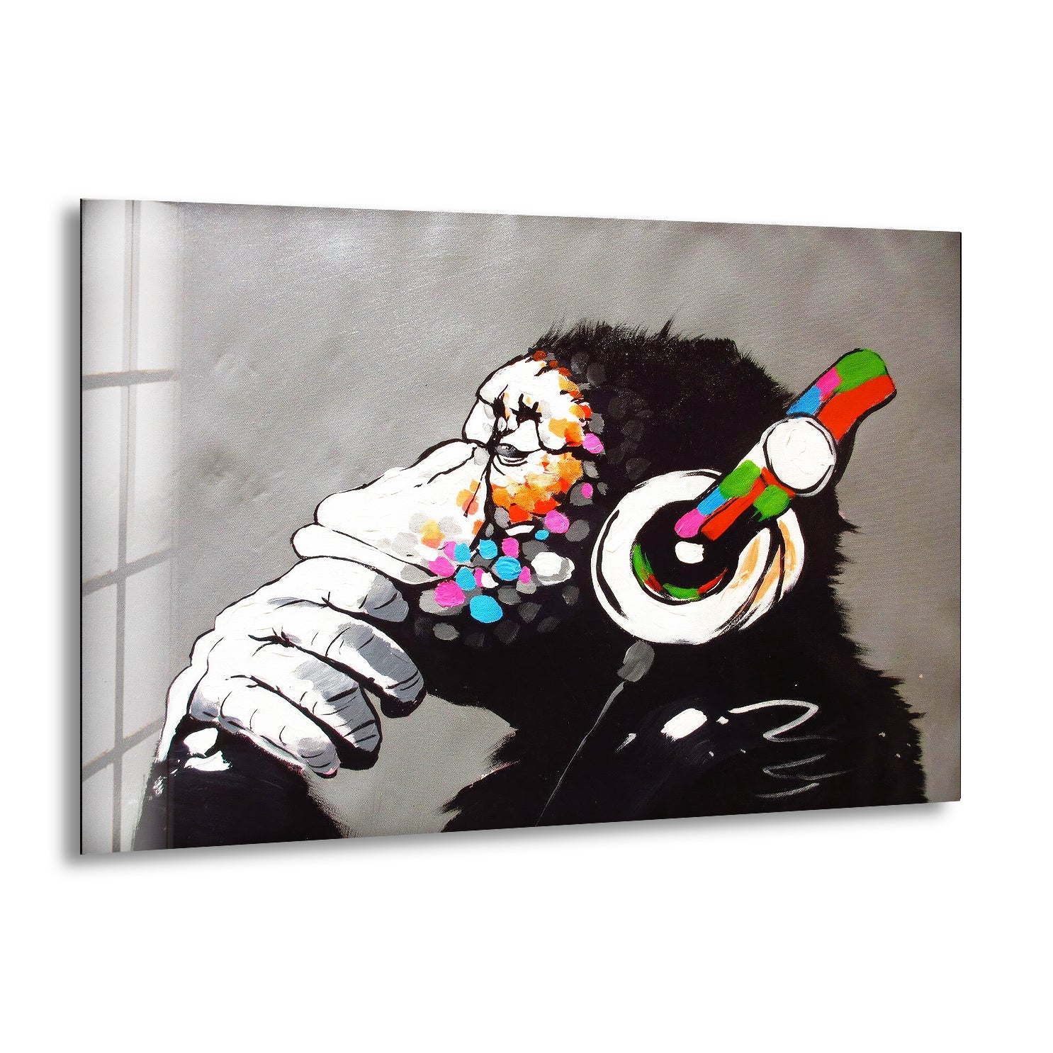 Banksy DJ Monkey Gorilla Thinking Glass Wall Art - Modern Canvas Print for Home & Office Decor - Perfect for Living Room, Bedroom or Studio