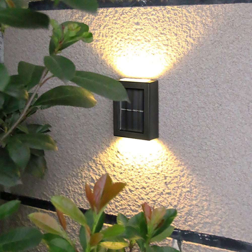 CALIDAKA 2 Pack LED Solar Wall Lights - Waterproof IP65 Outdoor Security Lighting, Up & Down Solar Fence Lights for Garden, Porch, Pathway (Warm White) | Perfect for Home Exterior, Backyard & Landscape Illumination