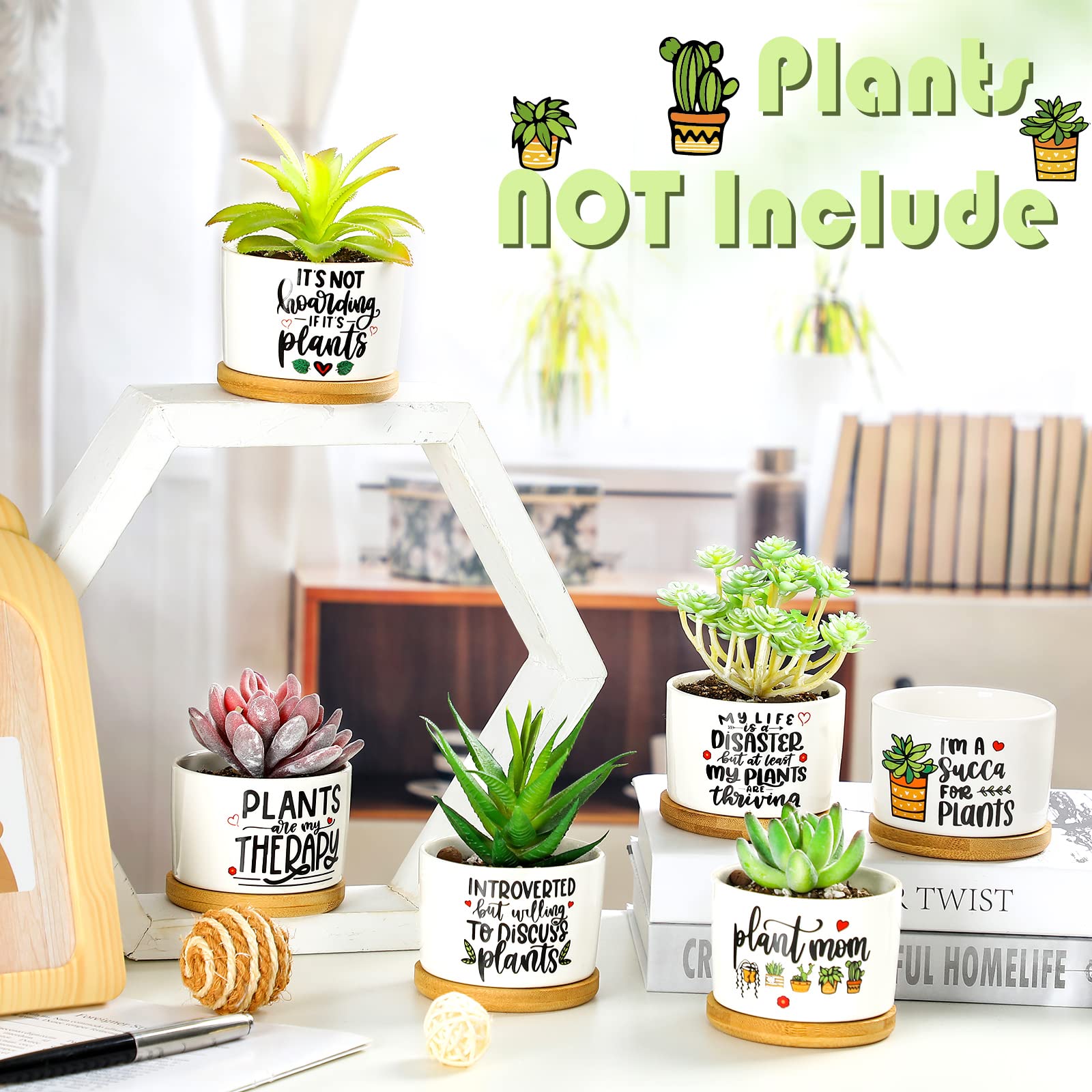 6-Piece Funny Succulent Plant Pots with Bamboo Tray - Cute Ceramic Planters for Succulents, Perfect Teacher Gifts for Graduation, Birthday & Office Decor (Cute Style) | Ideal for Home, Office Desk & Classroom Decorations