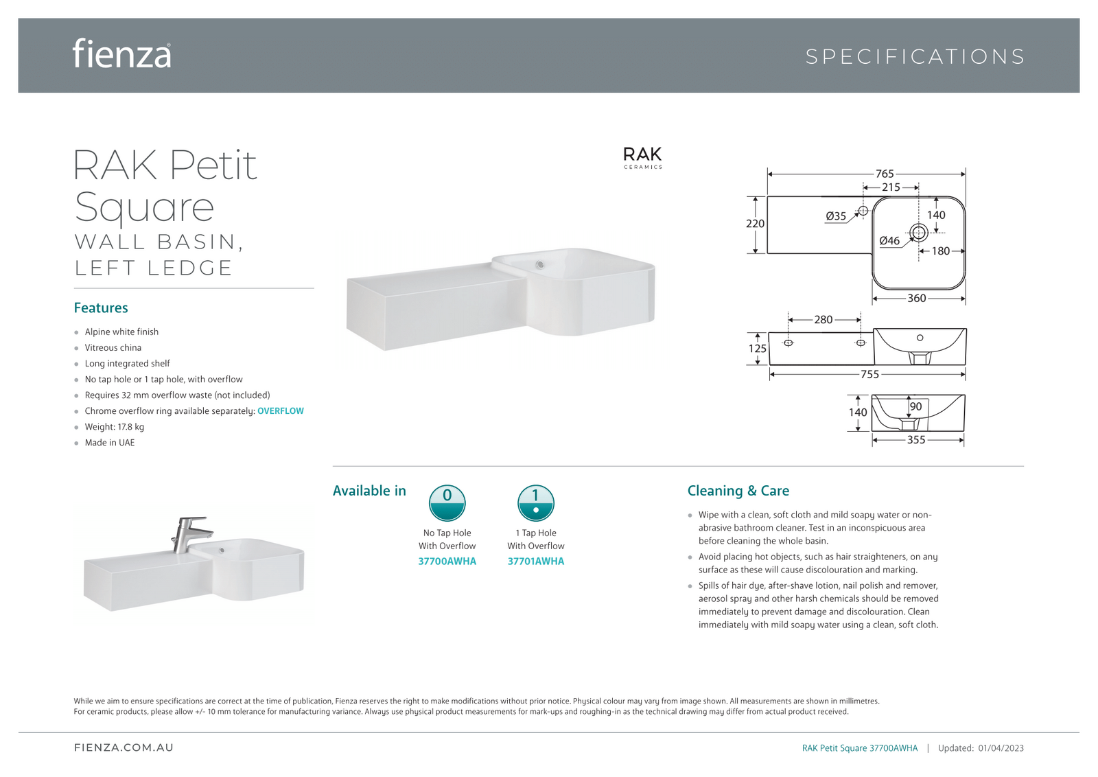 Fienza 37701AWHA RAK Petit Square Wall Basin - Left Edge, Single Tap Hole, Alpine White - Perfect for Small Bathrooms & Powder Rooms
