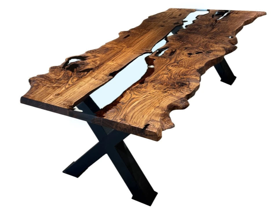 Handcrafted Live Edge Epoxy Resin River Dining Table - Solid Chestnut Wood - Perfect for Modern Farmhouse, Rustic & Contemporary Dining Rooms