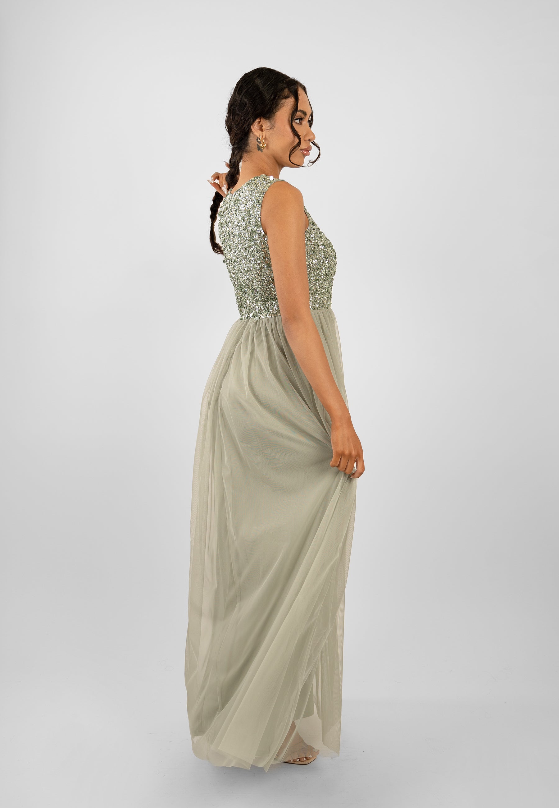 Elegant Sage Green Embellished Bridesmaid Dress - Perfect for Weddings, Formal Events & Special Occasions