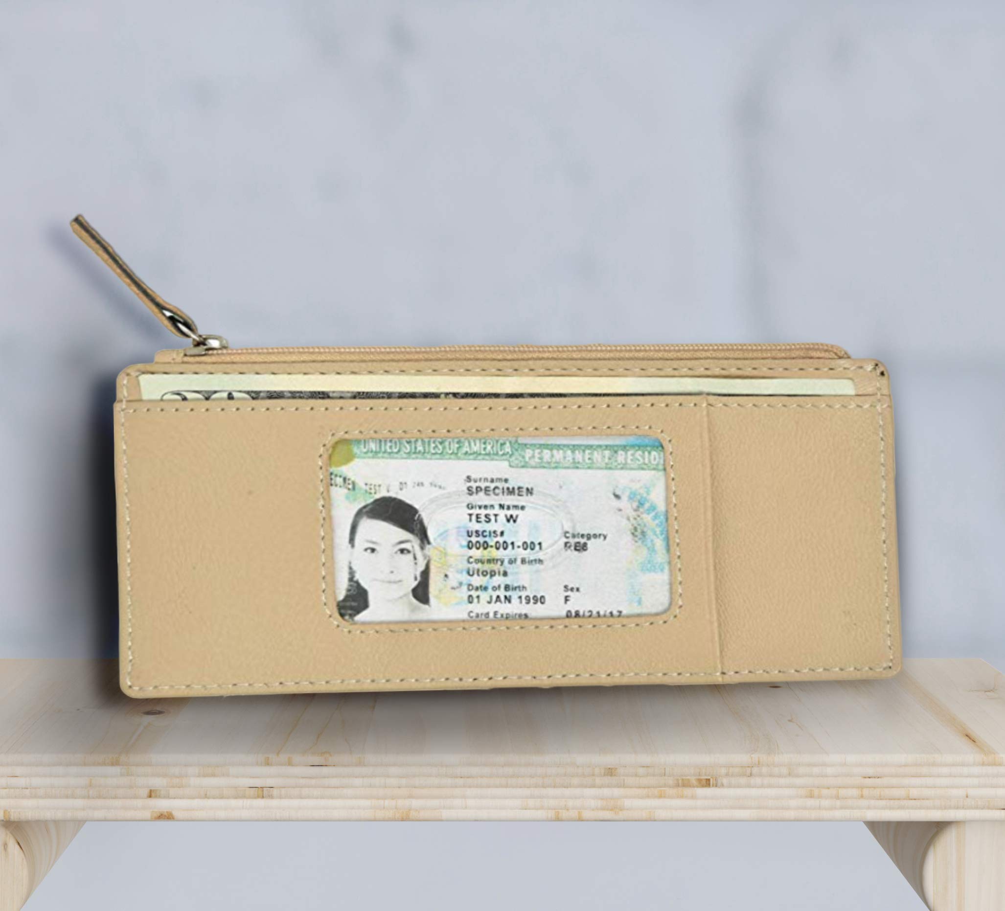 Genuine Leather Women's Slim Wallet - Card Holder with Zipper for Business & Travel (Beige)