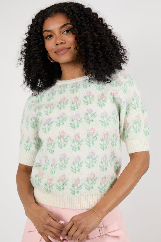 Fields Of Love Ivory Multi Block Floral Pattern Sweater - Women's Elegant Knit Pullover for Fall & Winter - Perfect for Casual Outings, Date Nights, and Office Wear