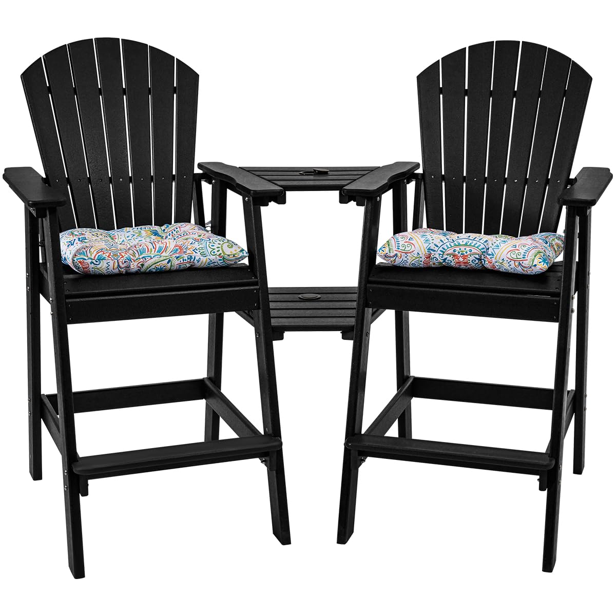 Premium Outdoor Adirondack Chairs Set of 2 with Side Table - HDPE Patio Bar Height Dining Set (3-Piece) - Counter Height Bistro Pub Table with Stools - Includes 2 Umbrella Hole Covers (Black) - Perfect for Backyard, Deck, Garden & Poolside Relaxation