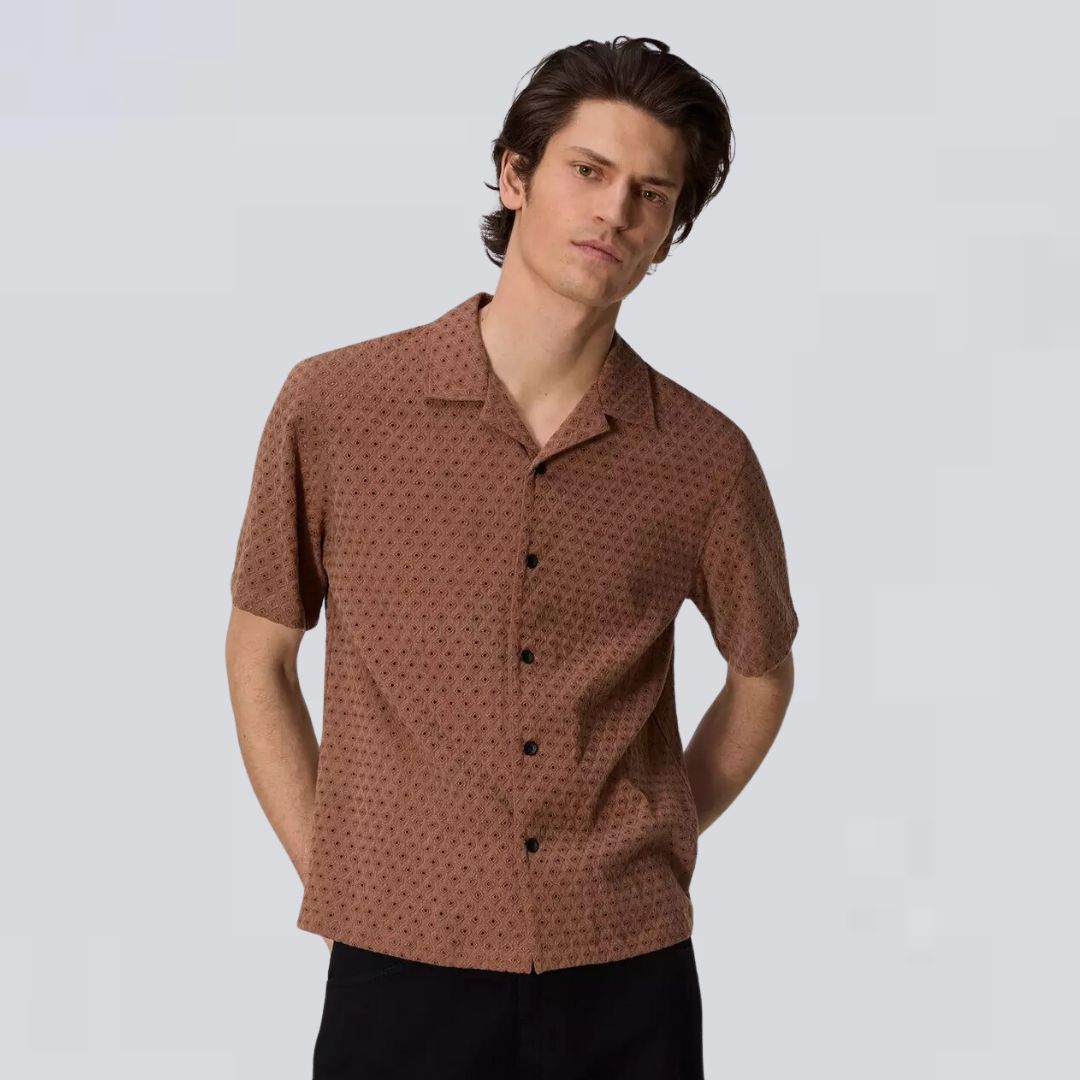 Avery Resort Diamond Jacquard Shirt for Men - Premium Cotton Blend Button Down Casual Shirt (Clay Color) - Perfect for Vacations, Beach Outings & Summer Parties