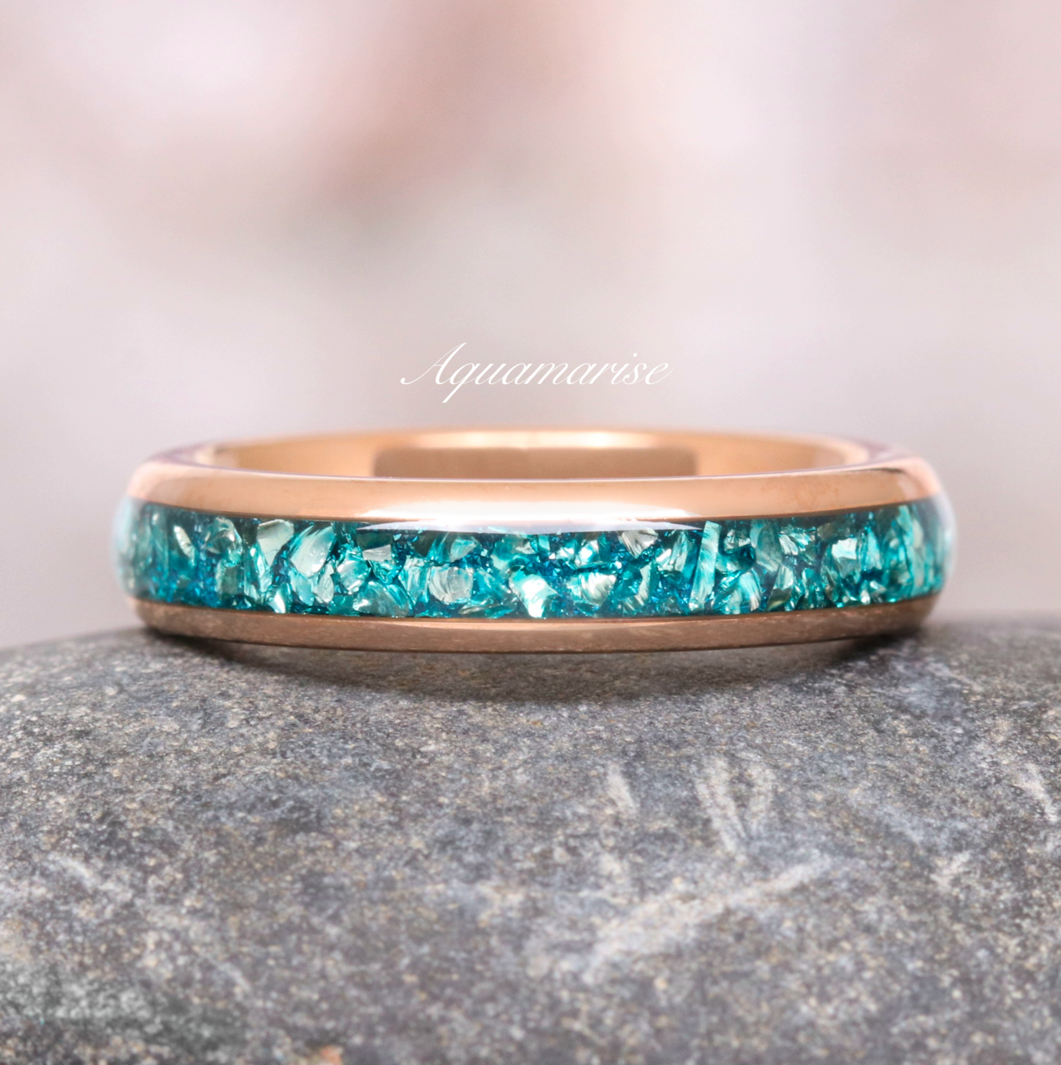4MM Rose Gold Tungsten Crushed Aquamarine Wedding Band for Men & Women - Elegant & Durable Ring for Engagement, Anniversary, and Everyday Wear