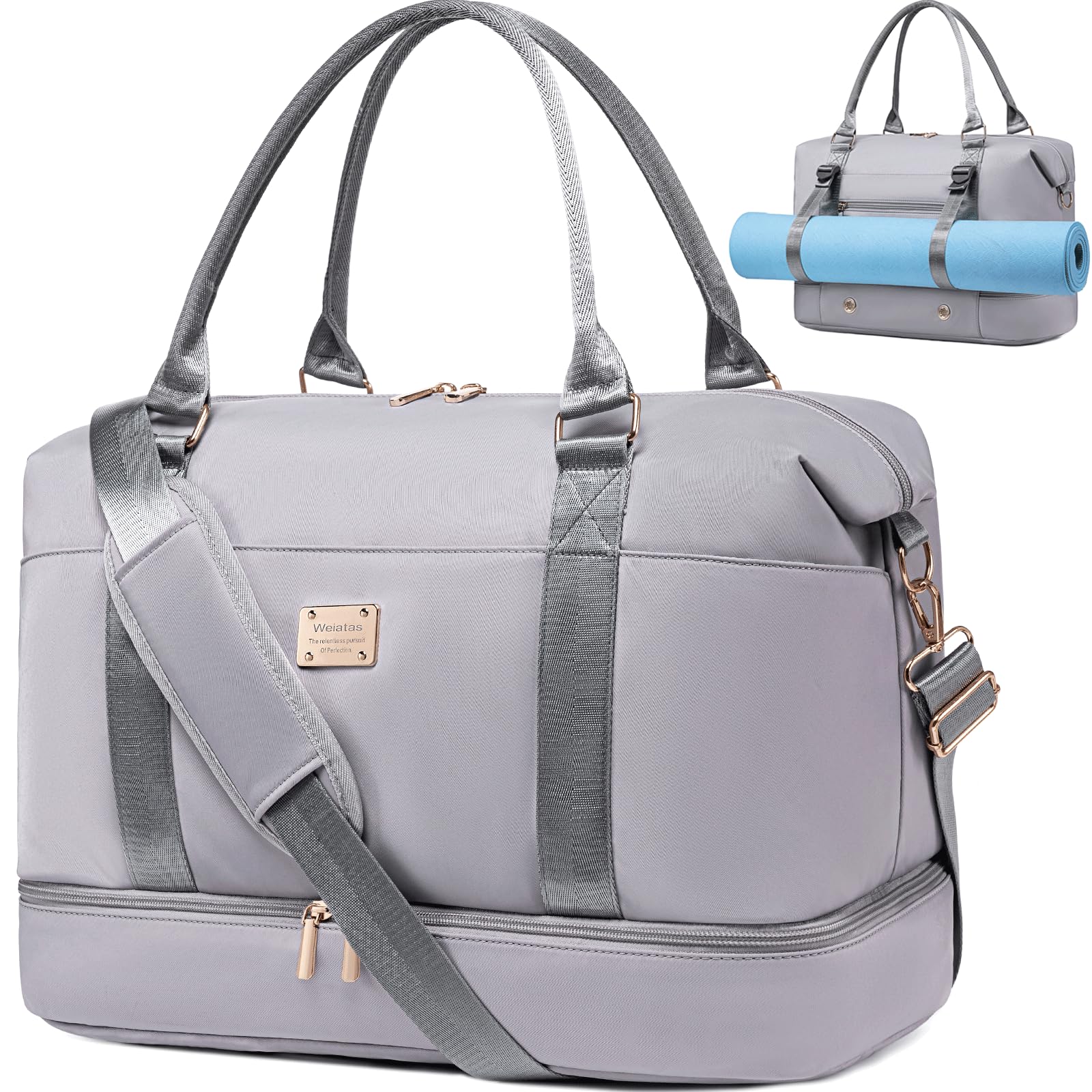 Weiatas Travel Duffel Bag for Women - Lightweight Weekender Overnight Gym Bag with Shoe Compartment & Wet Pocket, Carry On Luggage with Yoga Mat Strap (Grey) - Perfect for Gym, Yoga, Weekend Trips & Air Travel