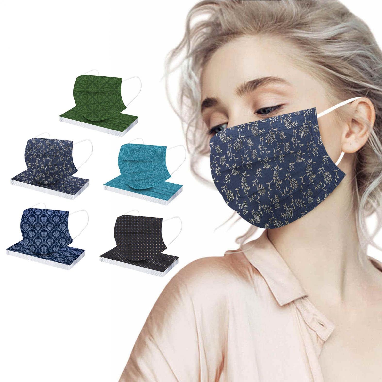 50 Pack Disposable Face Masks for Women - Cute Colorful Printed 3-Ply with Nose Wire | Fashionable Protection for Daily Use, Shopping & Travel