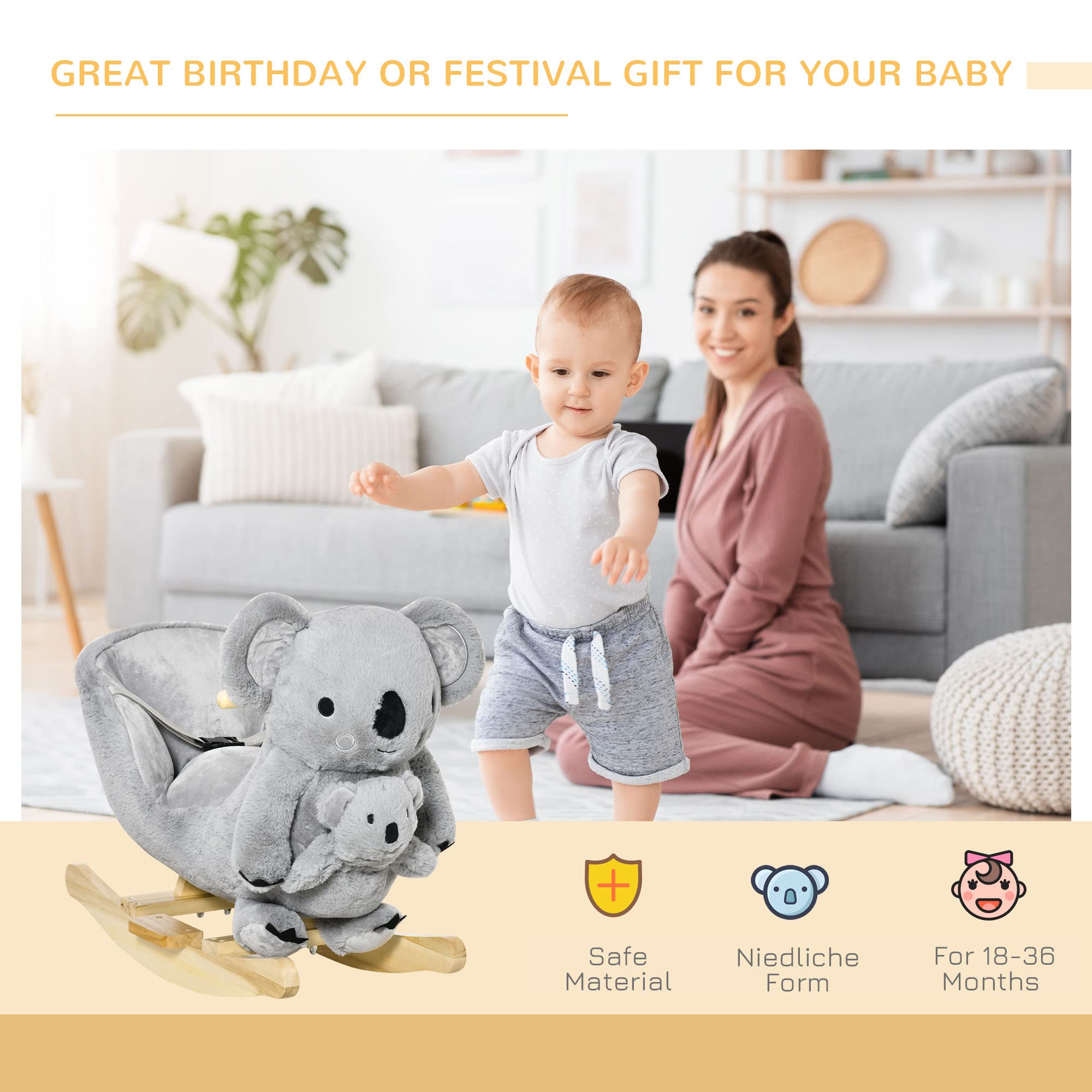 Qaba Kids Plush Ride-On Rocking Horse - Koala-Shaped Soft Toy Rocker with Gloved Doll & Realistic Sounds for Toddlers 18-36 Months (Gray) | Perfect for Indoor Play, Birthday Gifts & Early Childhood Development