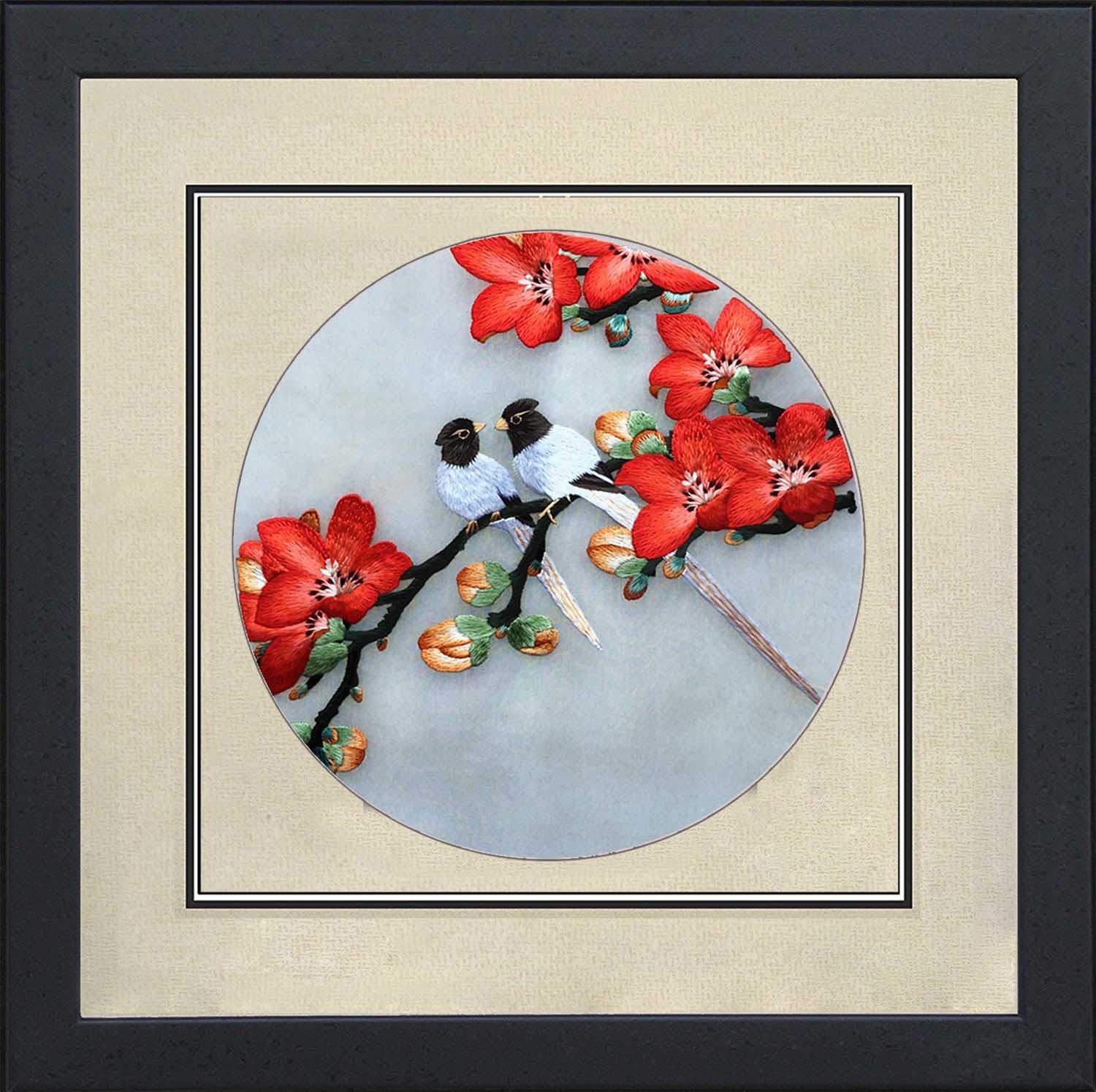 Handmade Silk Embroidery Love Birds on Red Tree Flower Framed Painting - Asian Wall Art Decor for Living Room, Bedroom - Perfect Wedding, Anniversary Gift - Elegant Home Decoration Tapestry Hanging (Set of 4: 41021WF, 41022WF, 41023WF, 41024WF)