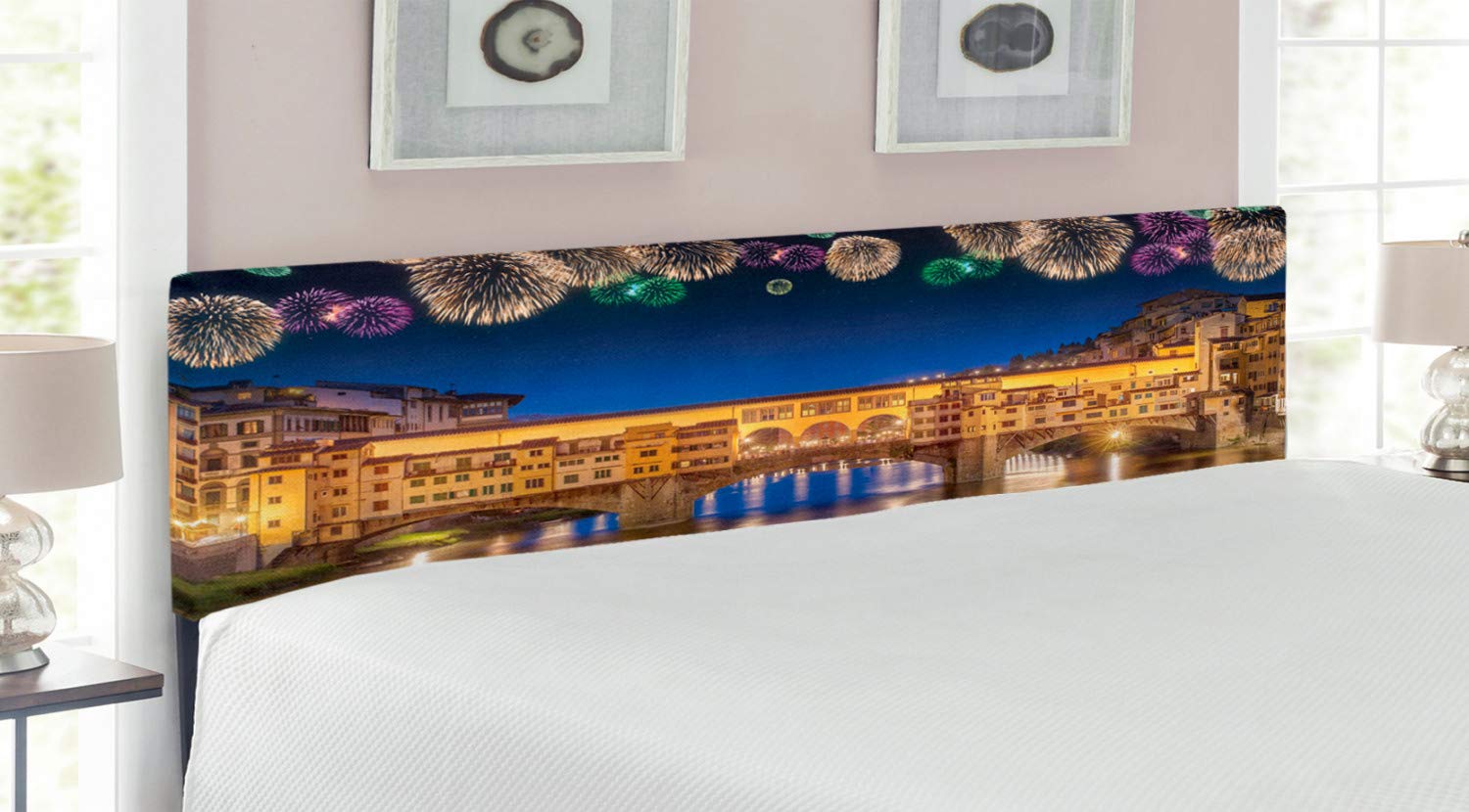 Ambesonne Landscape Headboard - Night Panoramic View of Vecchio Bridge Florence Italy with Colorful Fireworks, Upholstered Decorative Metal Bed Headboard with Memory Foam, King Size in Yellow Navy Purple | Perfect for Bedroom Decor, Guest Rooms & Luxury Hotel Styling
