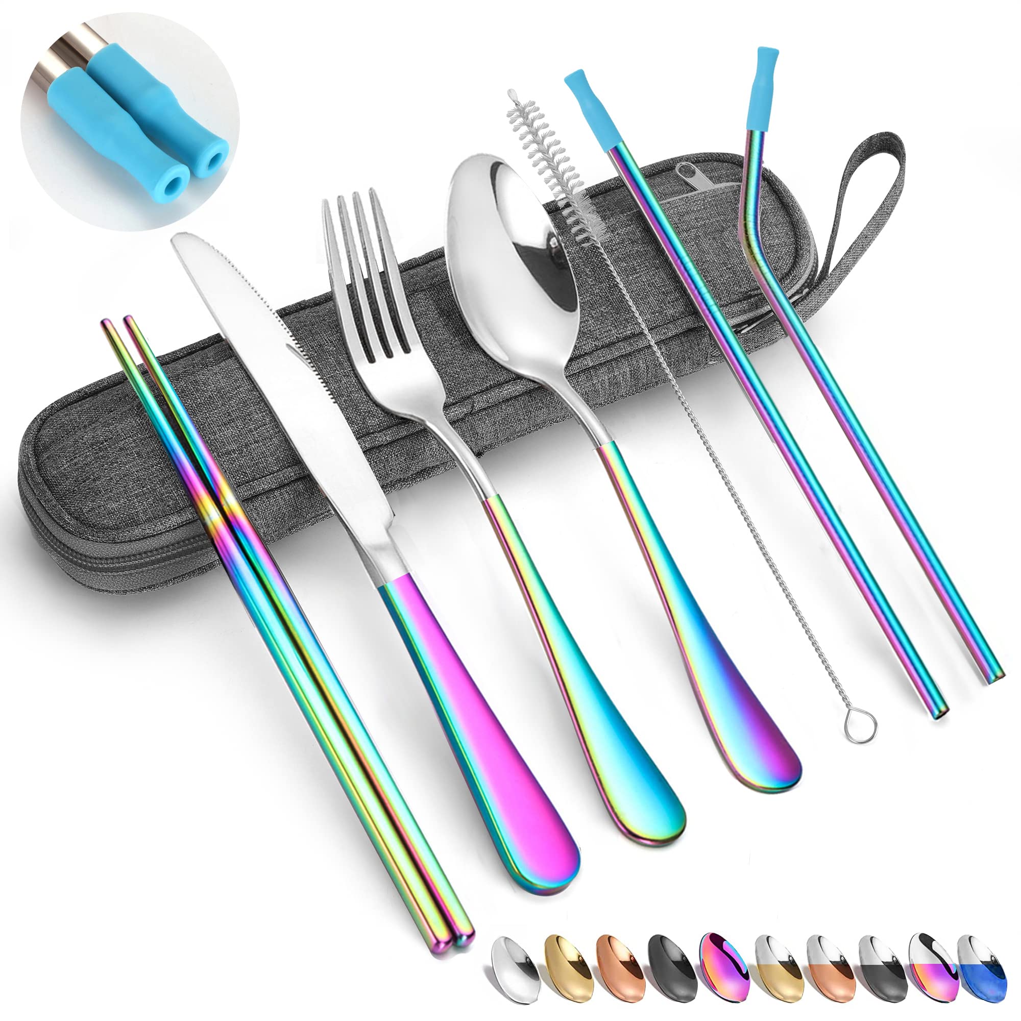 Eco-Friendly Stainless Steel Travel Utensil Set - 8 Piece Portable Cutlery with Case (Silver/Rainbow) | Includes Fork, Knife, Spoon, Chopsticks & Straw | Perfect for Camping, Hiking, Picnics & On-the-Go Meals