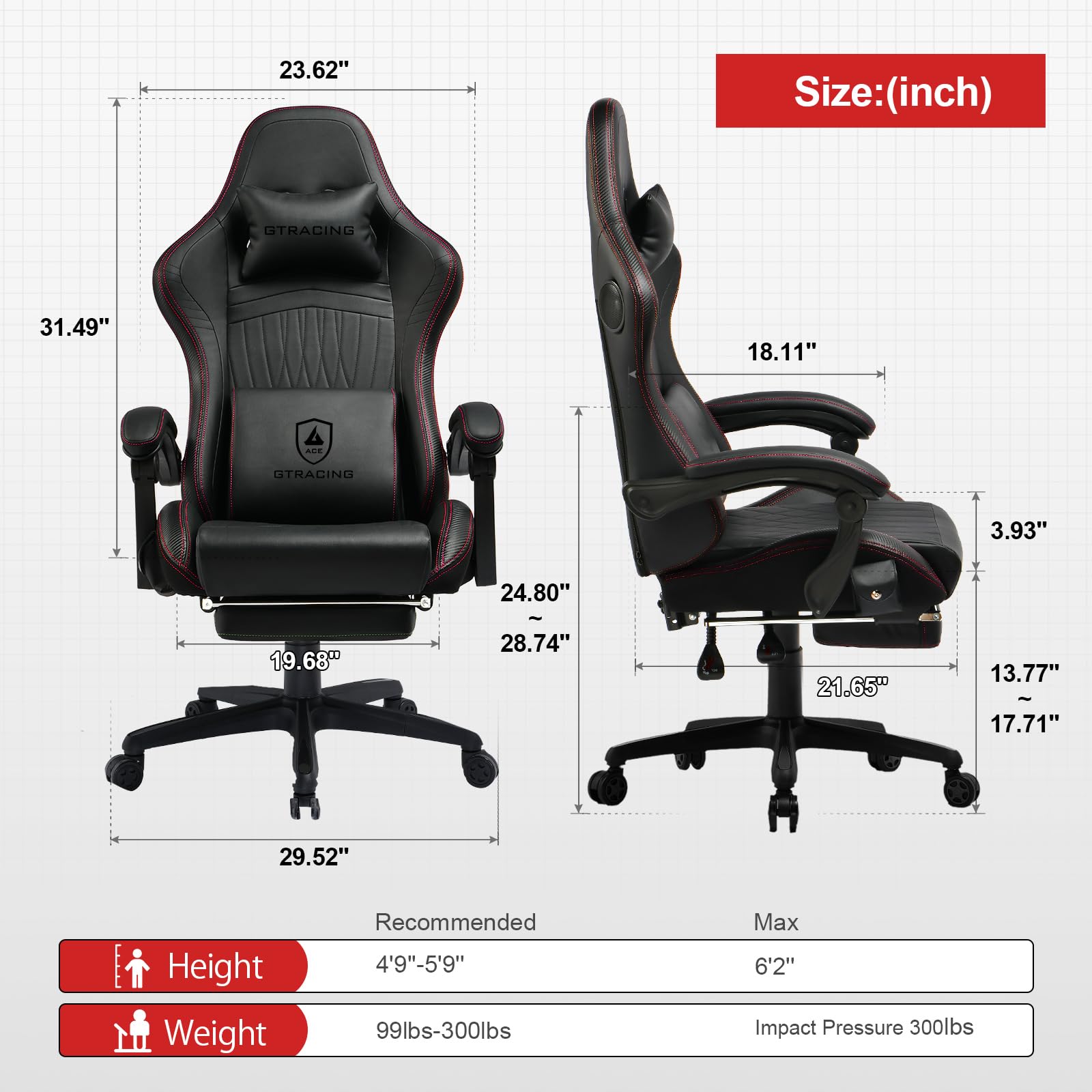 GTPLAYER Ergonomic Gaming Chair with Bluetooth Speakers & Footrest - High Back Reclining Computer Game Chair for Adults & Kids, Adjustable Linkage Armrests (Red) - Perfect for PC Gaming, Office Work & Home Entertainment
