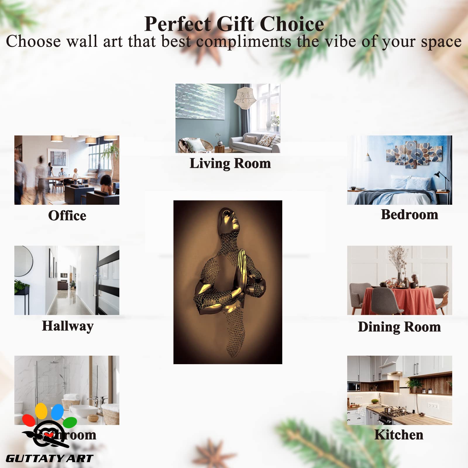 3D Metal Heart Gold Wall Art - Gray & Gold 3D Canvas Art for Living Room & Bedroom - Modern Yoga Pose Wall Decor - Valentine's Day Gift for Couples - 32x48 Inches - Perfect for Home Decor, Meditation Spaces & Romantic Bedrooms