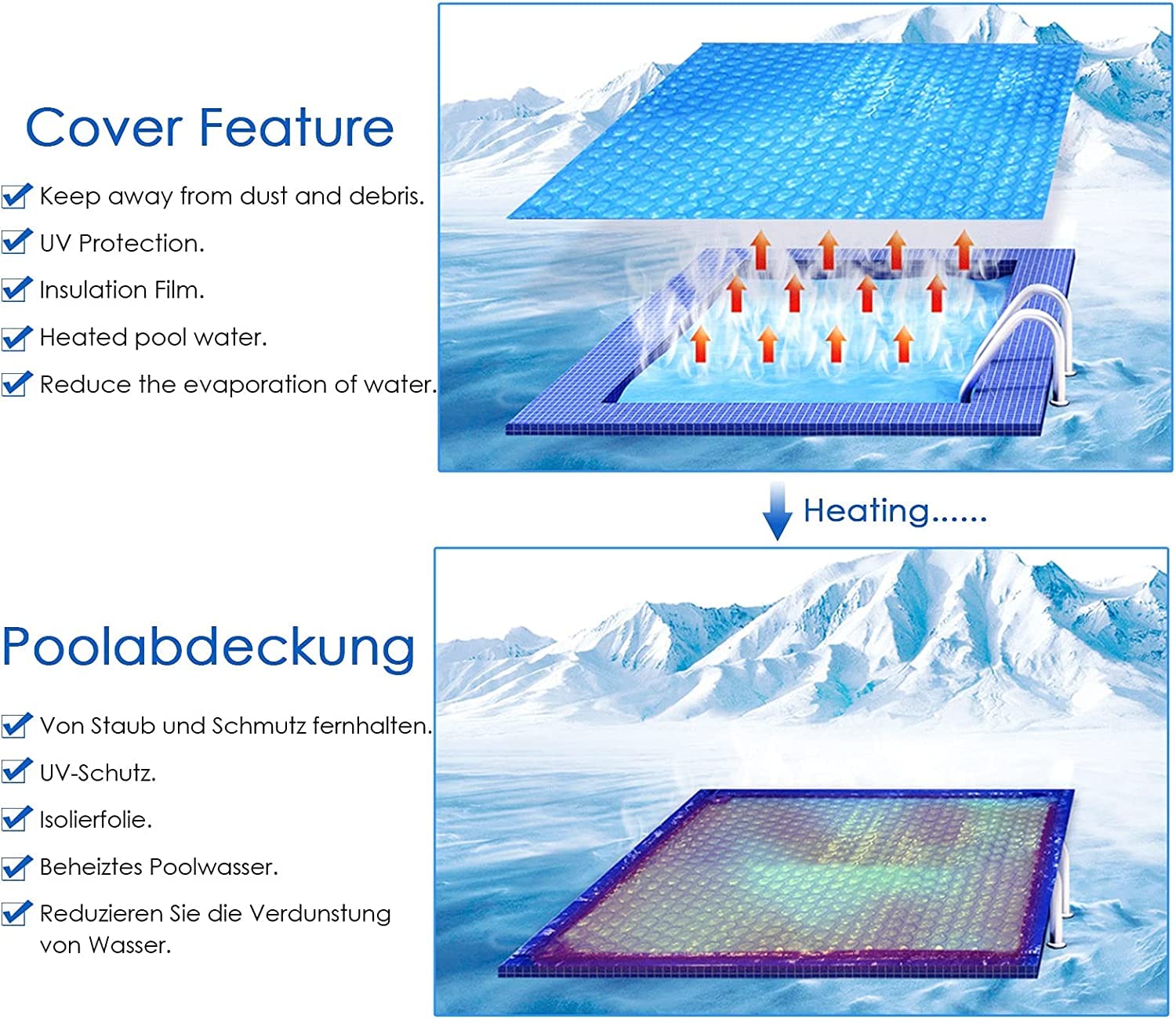 Heavy Duty Rectangular Solar Tarpaulin - 400x460cm (13ftx15ft) Blue Heat Insulation Film Blanket for Hot Tub & Swimming Pool Protection | UV Resistant, Weatherproof Cover for Outdoor Use, Spa Maintenance, Winter Pool Covers