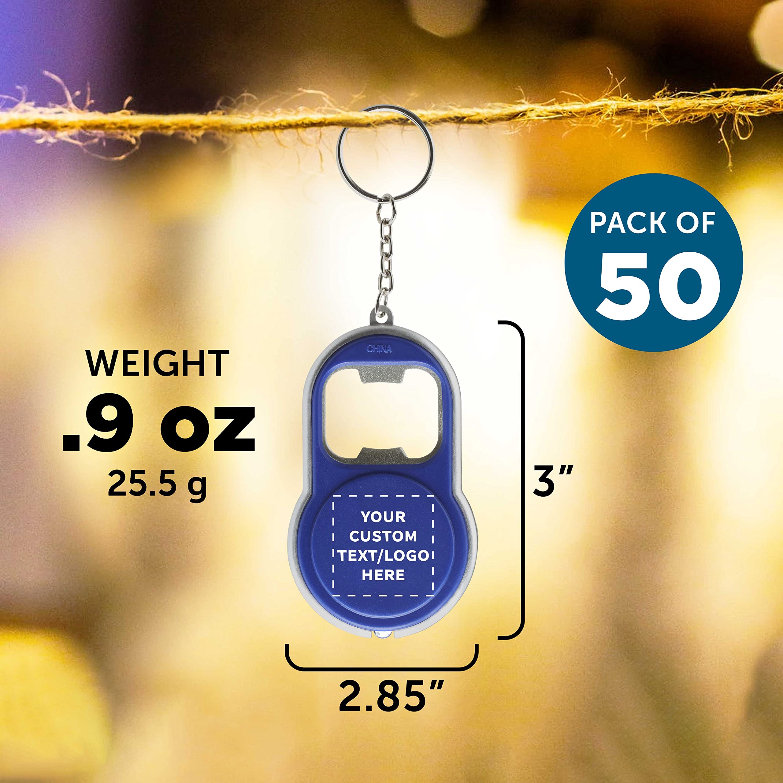 Custom LED Bottle Opener Keychain Set of 50 - Personalized Bulk Promotional Items for Tradeshows, Corporate Events, Wedding Favors & Party Giveaways - Blue