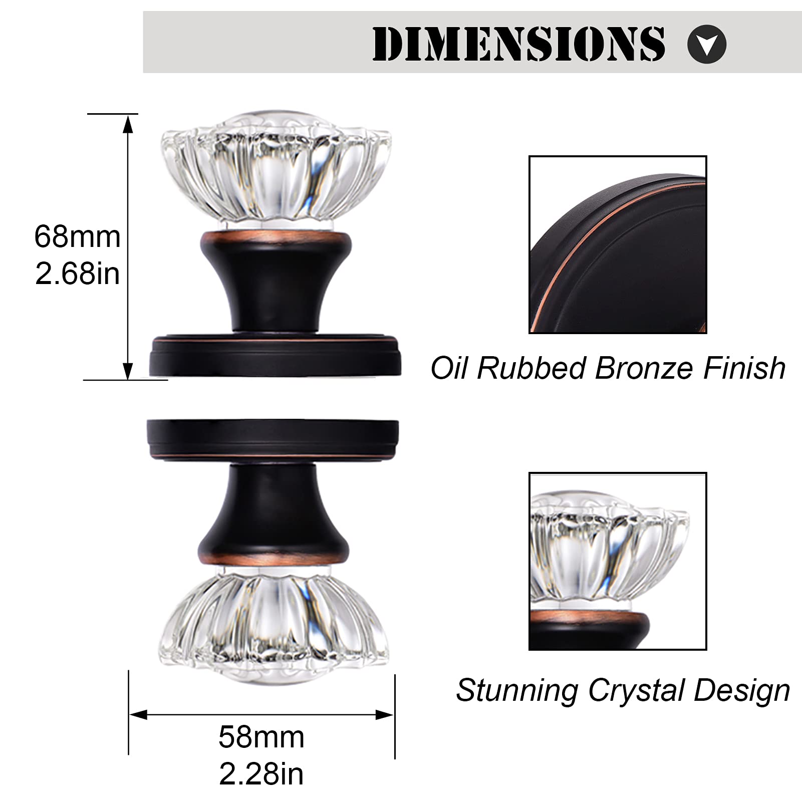 Crystal Glass Interior Door Knobs for Hall & Closet - Oil Rubbed Bronze Single Dummy Knob Set (2 Pack) - Perfect for Bedroom, Bathroom & Cabinet Doors