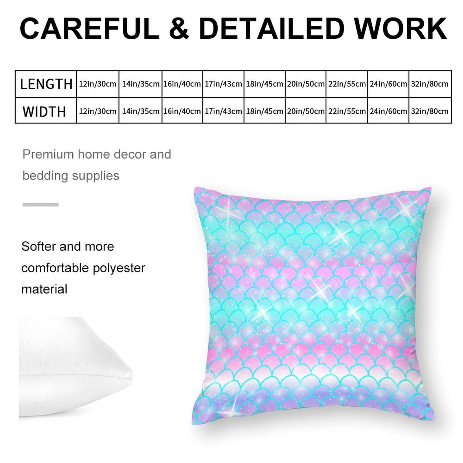 Cute Mermaid Pattern Polyester Pillow Cover - Soft & Smooth 14x14 Inch Square Cushion Case for Sofa, Bed, Dorm Decor - Kawaii Home Accessories