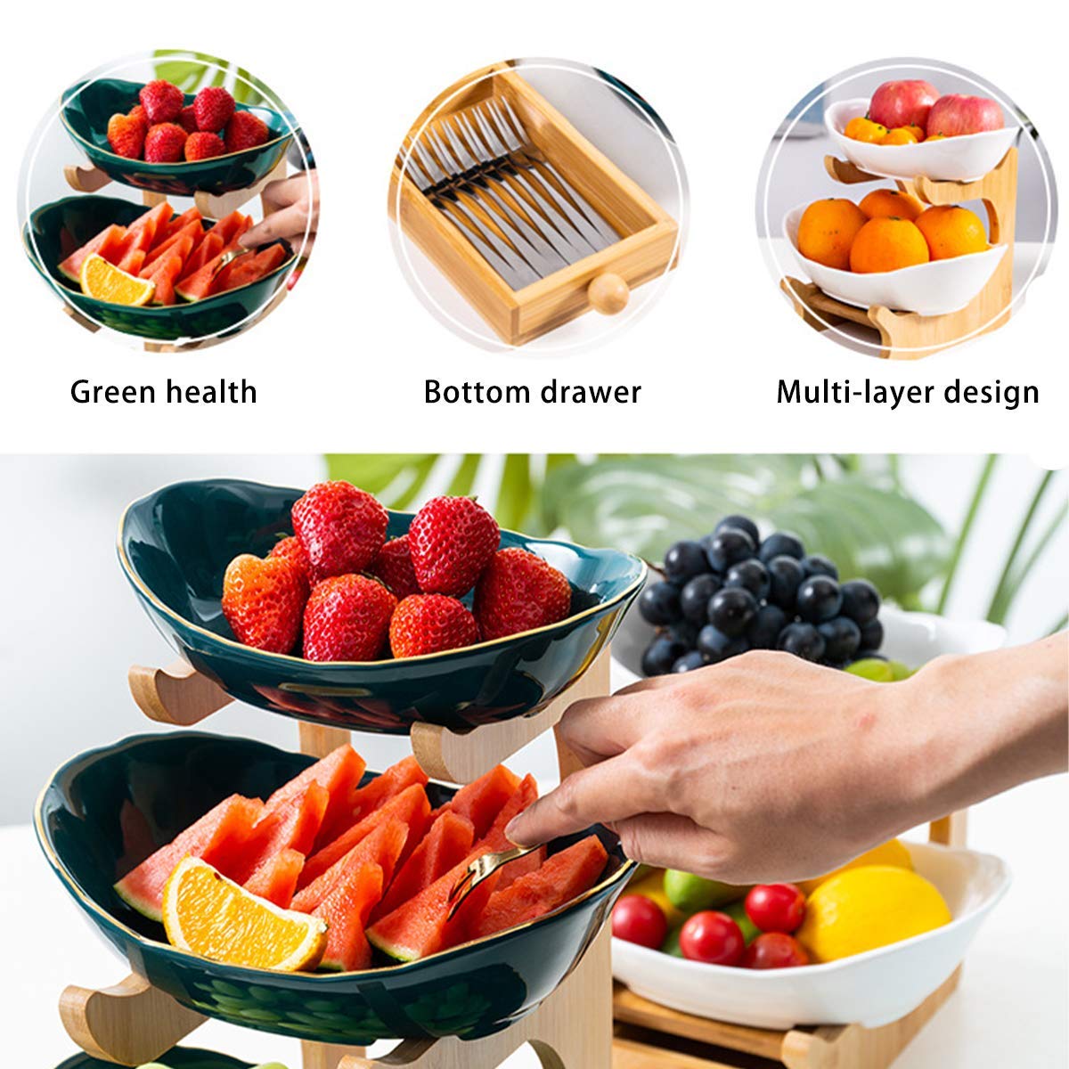 2-Tier Ceramic Fruit Basket with Bamboo Shelves & Serving Bowls - Dark Green Decorative Display for Coffee Table, Kitchen Counter, or Dining Room