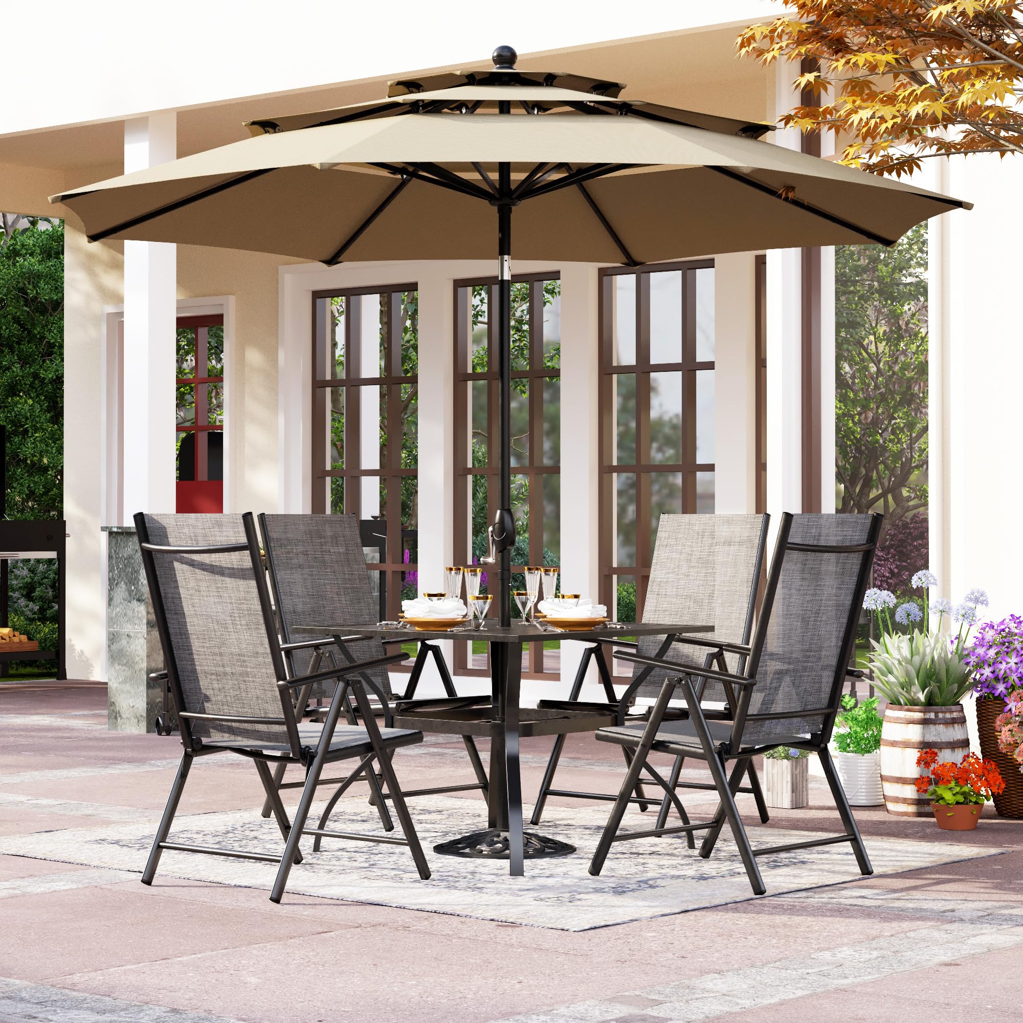 PHI VILLA 4-Piece Outdoor Patio Dining Set with 10ft Umbrella - Adjustable Folding Chairs & Weather-Resistant Table - Perfect for Garden, Backyard, Poolside & Outdoor Entertaining