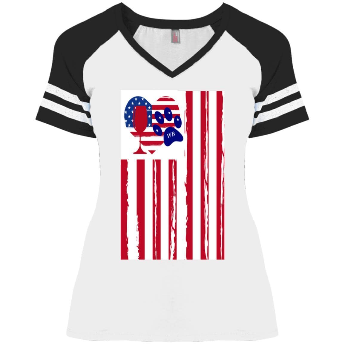 American Flag Wine Paw Heart V-Neck T-Shirt for Women - Cute Casual Ladies' Game Day Tee - Perfect for Parties, Girls Night Out & Patriotic Events