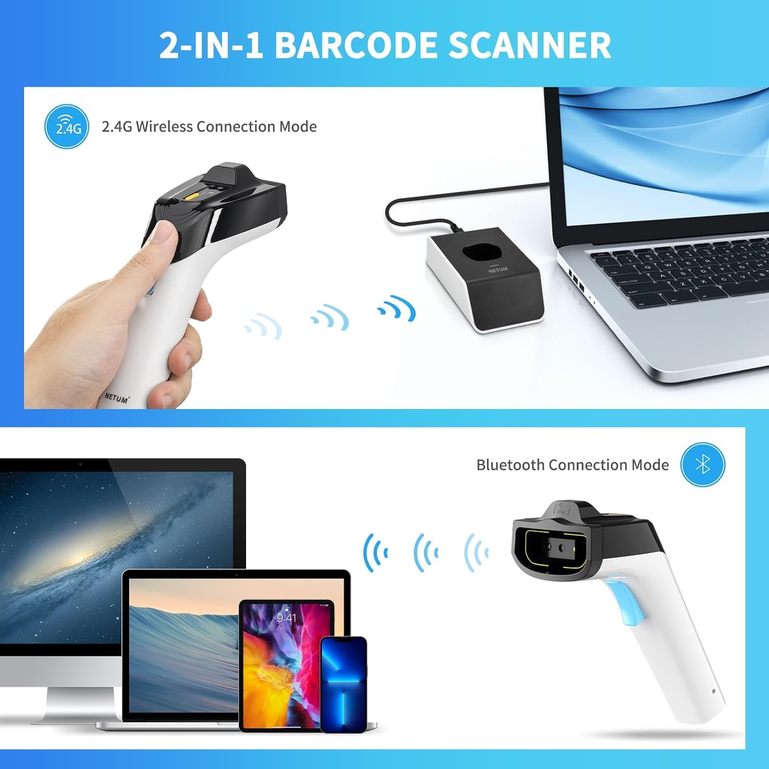 NETUM DS-8500 Wireless Hybrid RFID & 2D Barcode Scanner - Bluetooth UHF RFID Reader with 1D/2D QR Code Scanning for Retail, Warehouse & Hospitality Systems - Perfect for Inventory Management and POS Checkout