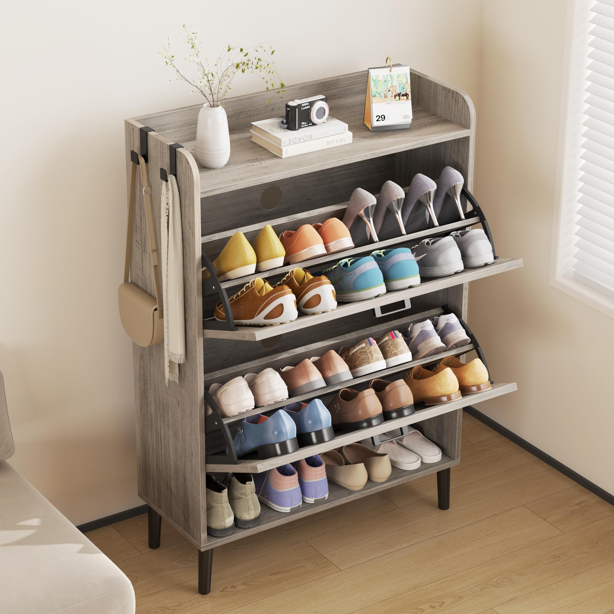 HOMEFORT Slim Shoe Storage Cabinet with 2 Flip Drawers - Narrow Wooden Entryway Shoe Organizer with Farmhouse Style Legs - Washed Gray Hidden Shoe Cabinet for Front Door Entrance - Perfect for Small Spaces & Apartment Living