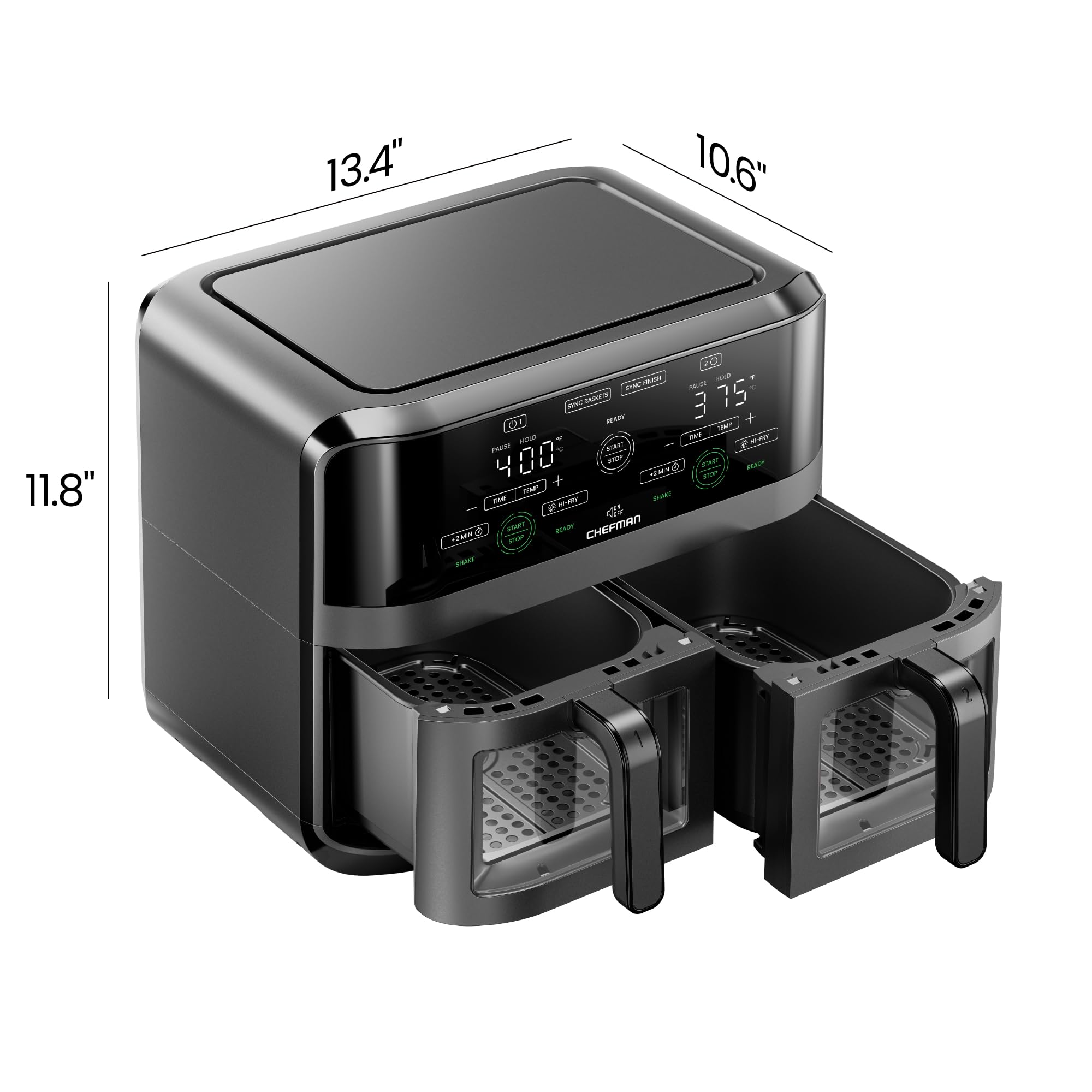 CHEFMAN 6 Quart Dual Basket Air Fryer Oven with Easy View Windows & Sync Finish Technology | 2 Independent 3Qt Nonstick Dishwasher Safe Baskets | Digital Controls, Hi-Fry & Auto Shutoff | Perfect for Family Meals, Healthy Cooking & Quick Snacks - Black