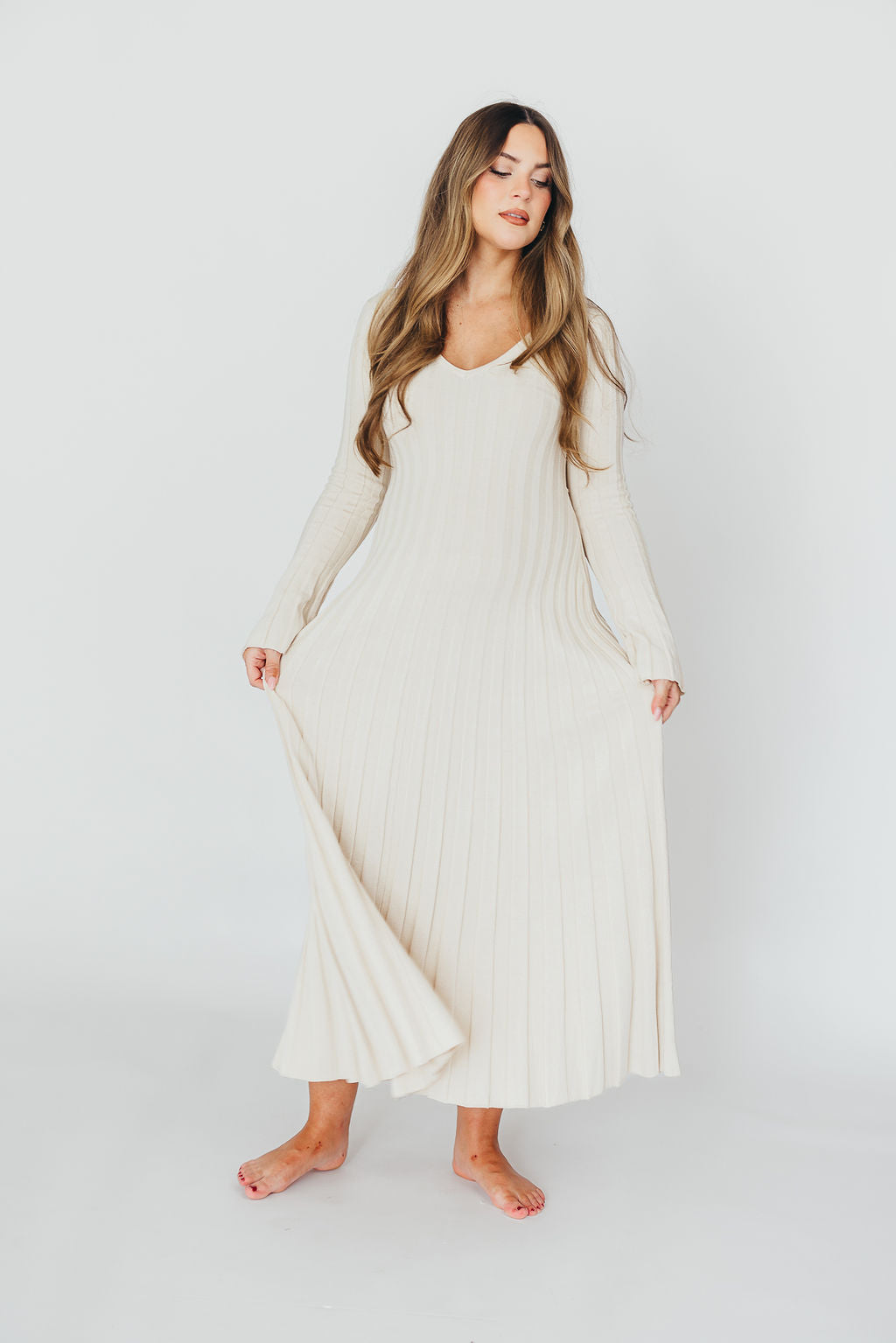 Hadley Long Sleeve V Neck Knit Maxi Dress in Cream Taupe - Elegant Women's Casual Maxi Dress for Fall & Winter, Perfect for Office, Date Night and Holiday Parties