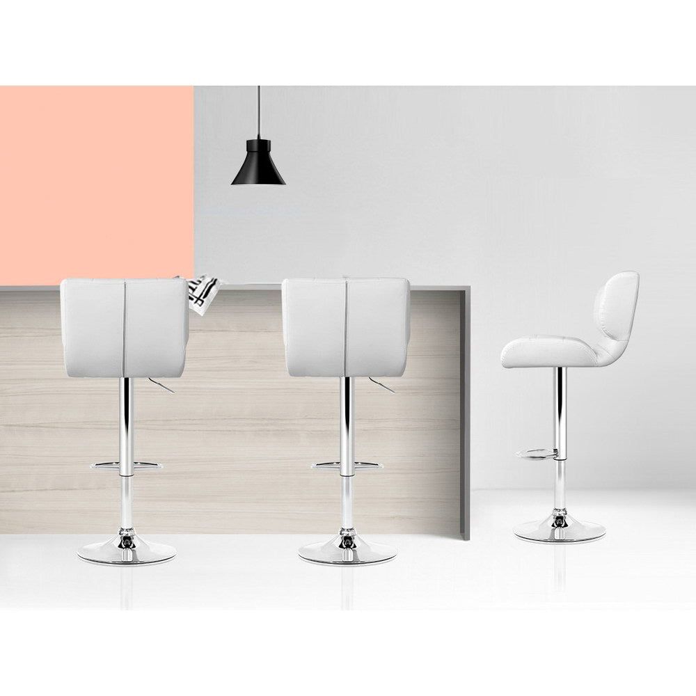 4 Bar Stools with Gas Lift Mechanism - White Leather Padded Seat - Perfect for Kitchen Island, Breakfast Nook or Home Bar Decor