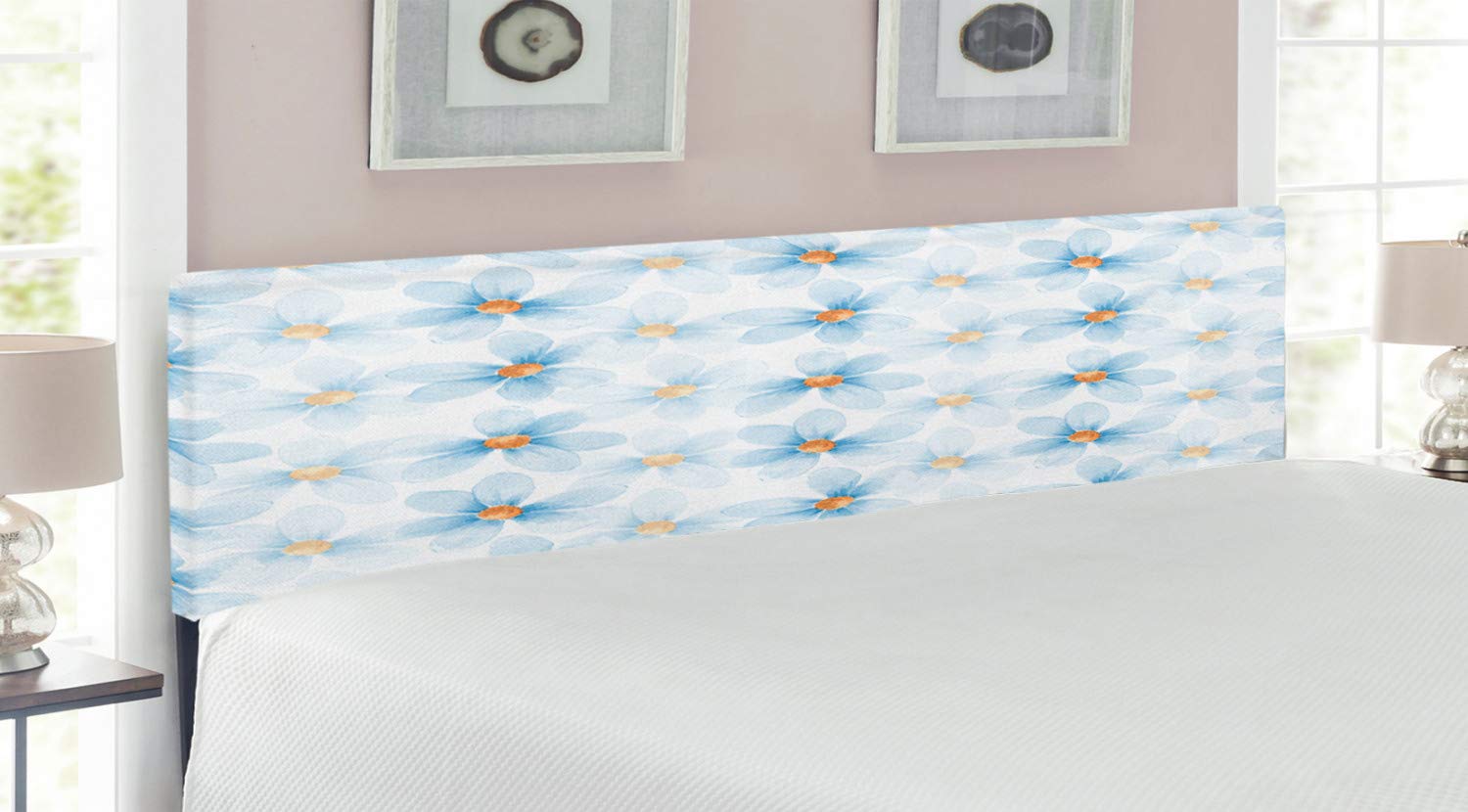 Ambesonne King Size Upholstered Metal Headboard - Watercolor Floral Design with Chamomiles & Daisies in Blue, Yellow & White | Memory Foam Padding | Perfect for Bedroom Decor, Guest Rooms & Master Suites