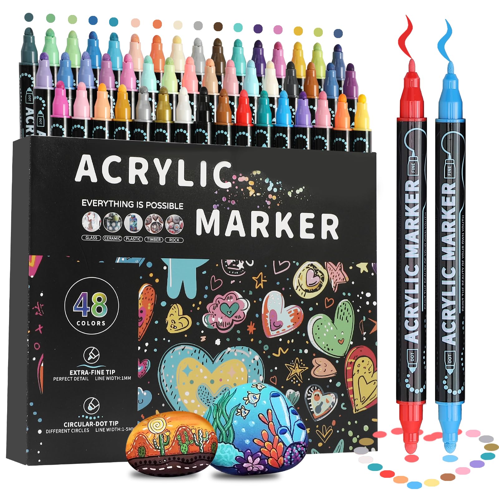 48 Colors Dual Tip Acrylic Paint Markers Set - Fine & Dot Tip for Wood, Rock, Stone, Canvas, Glass & Ceramic - Perfect for DIY Crafts, Painting, Drawing & Art Projects - Ideal for Home Decor, Gift Making & Creative Art Supplies