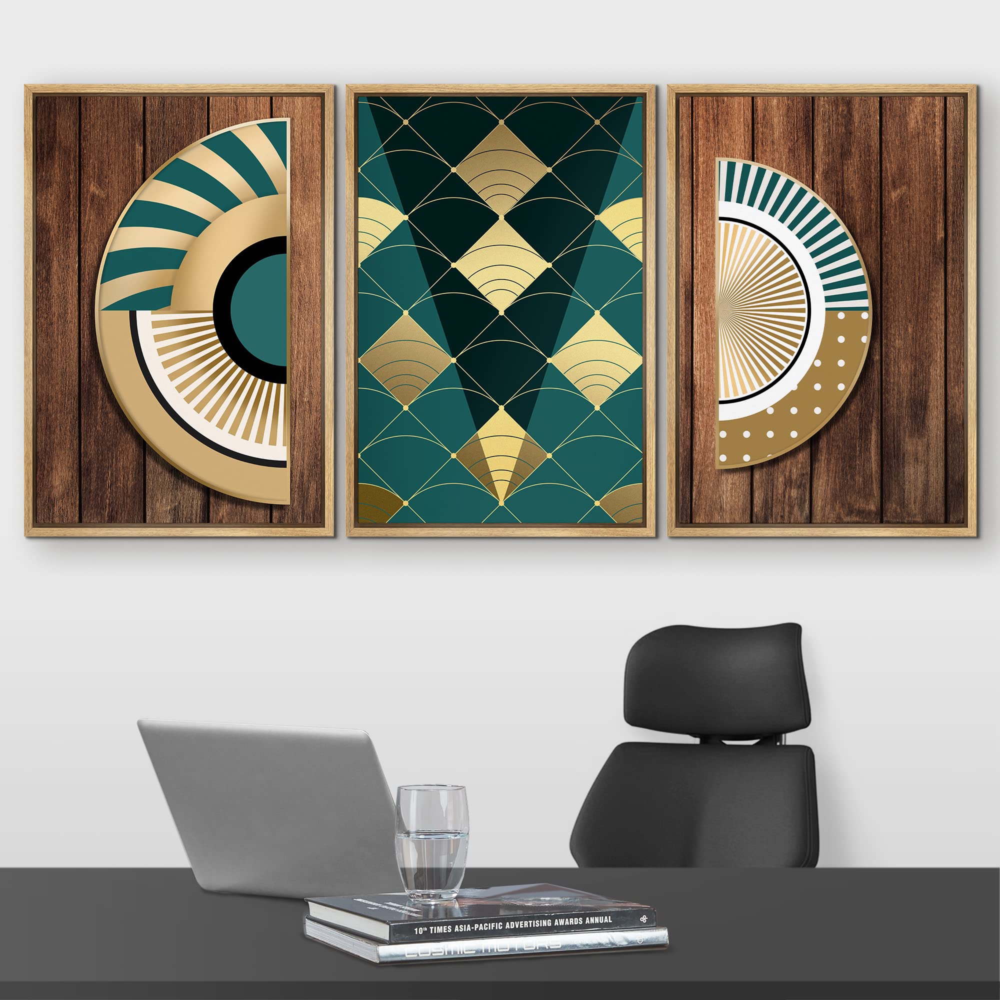 Wall26 Framed Abstract Geometric Wall Art Print Set - Teal & Gold Diamond & Circle Patterns on Wood Panels, Modern Bohemian Digital Art for Living Room, Bedroom, Office Decor - 16