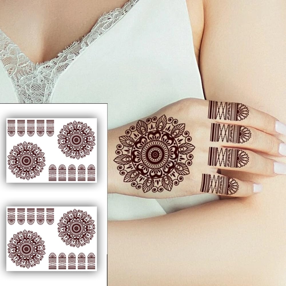 Natural Henna Tattoo Stickers for Women - 2 Sheets Waterproof Mehendi Body Art (21x15cm) | Temporary Tattoos for Parties, Weddings & Festivals | S.A.V.I