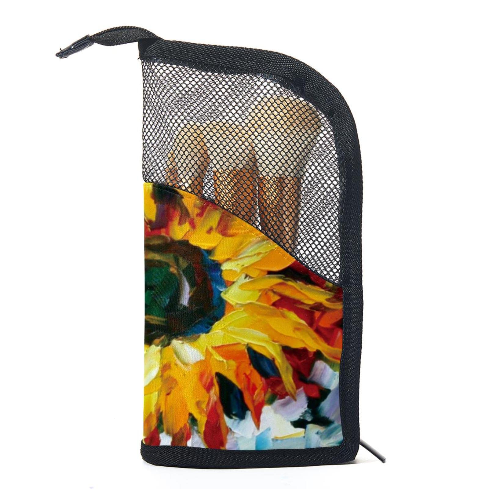 12-Piece Makeup Brush Organizer Bag with Oil Painting Sunflowers Design - Portable Cosmetic Brush Holder Case for Travel, Home & Professional Makeup Artists