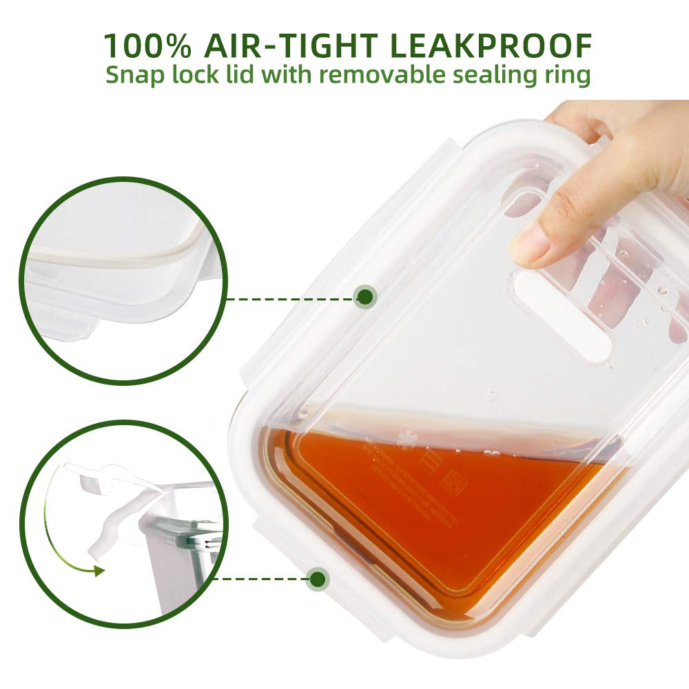 5-Pack 36 Oz Glass Meal Prep Containers with Locking Lids - Airtight Food Storage Containers for Lunch, Microwave, Oven, Freezer & Dishwasher Safe (4.5 Cup, White) - Perfect for Meal Prepping, Leftovers & Office Lunches