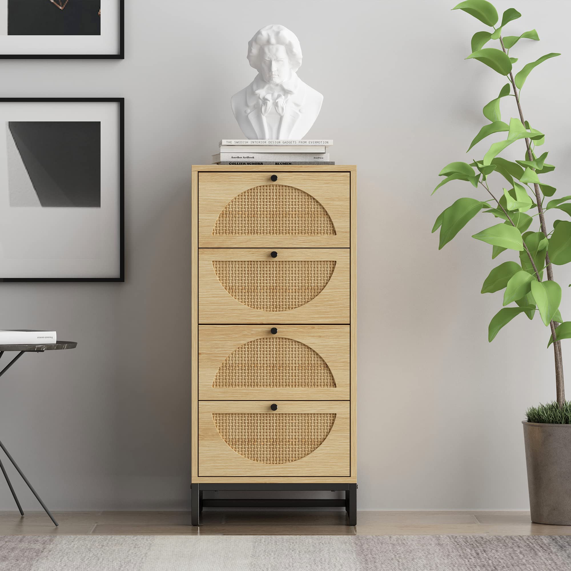 HIUU 4-Drawer Wood Dresser - Rattan Storage Cabinet for Bedroom & Living Room