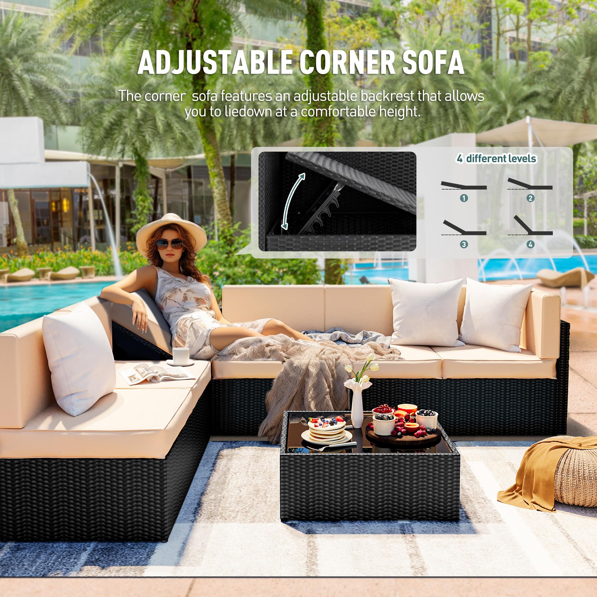 Pamapic 7-Piece Outdoor Sectional Furniture Set - All-Weather Wicker Patio Sofa with Coffee Table & Washable Cushion Covers - Perfect for Backyard, Poolside & Garden Relaxation