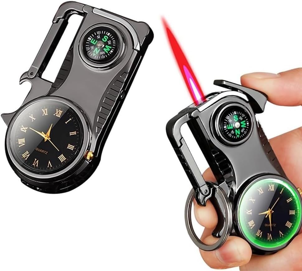 Metal Torch Lighter with Clock Dial & Compass - Refillable Butane, Adjustable Flame, Red Fire for Camping, Hiking, BBQ & Outdoor Adventures - Cool Multifunctional Keychain Lighter for Men & Women
