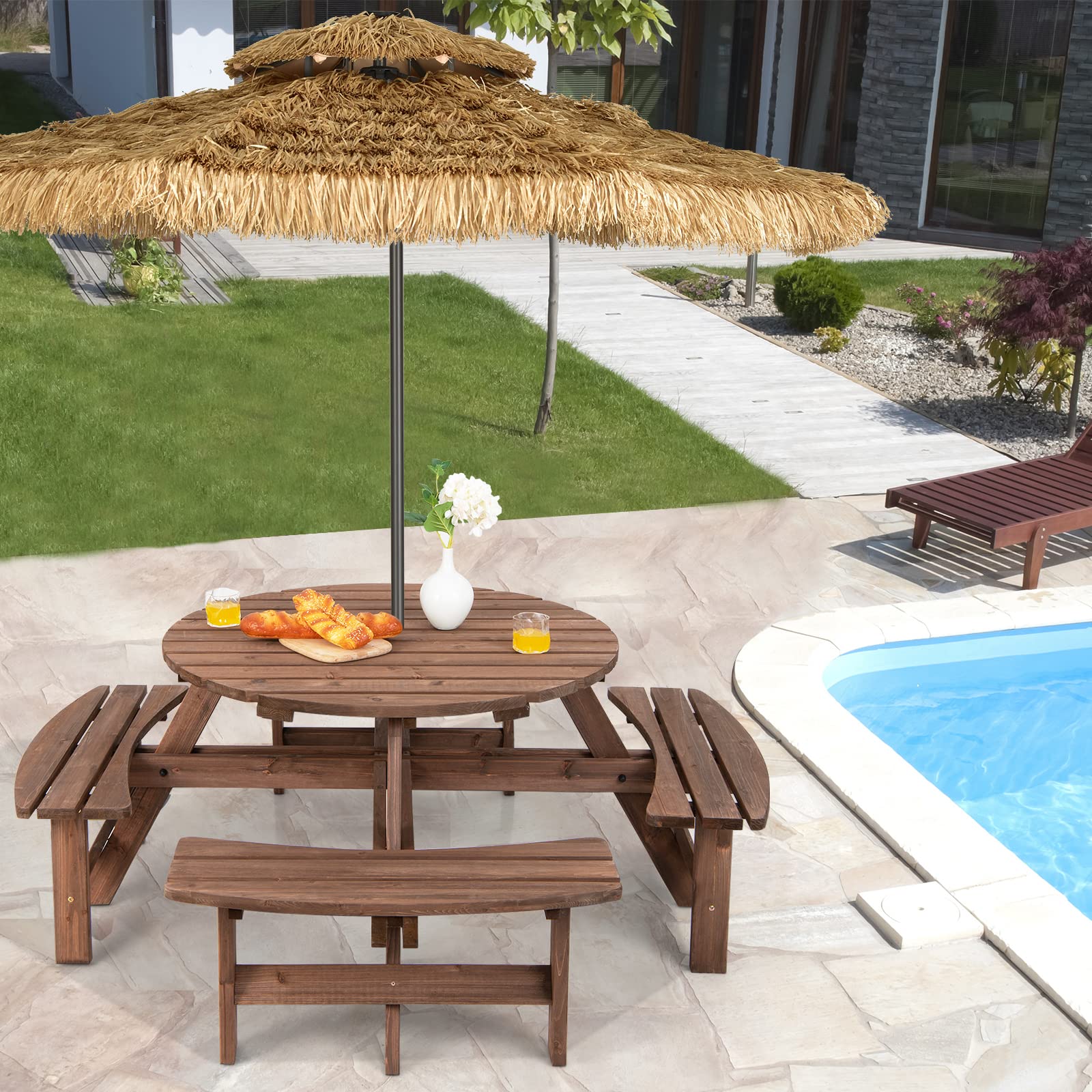 Tangkula 8-Person Round Wooden Picnic Table with 4 Built-in Benches & Umbrella Hole - 500lbs Capacity Per Bench - Outdoor Dining Set for Garden, Backyard, Patio, Camping & Picnic Areas