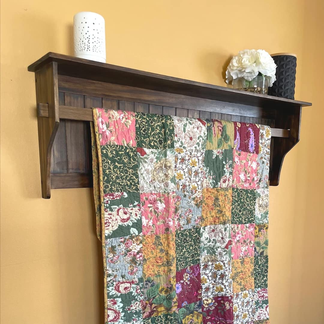 Rustic Farmhouse Style Wall Mounted Quilt Rack with Shelf - Solid Pine Wood Quilt Hanger for Bedroom & Living Room Decor | Perfect for Blanket Storage and Farmhouse Home Decor