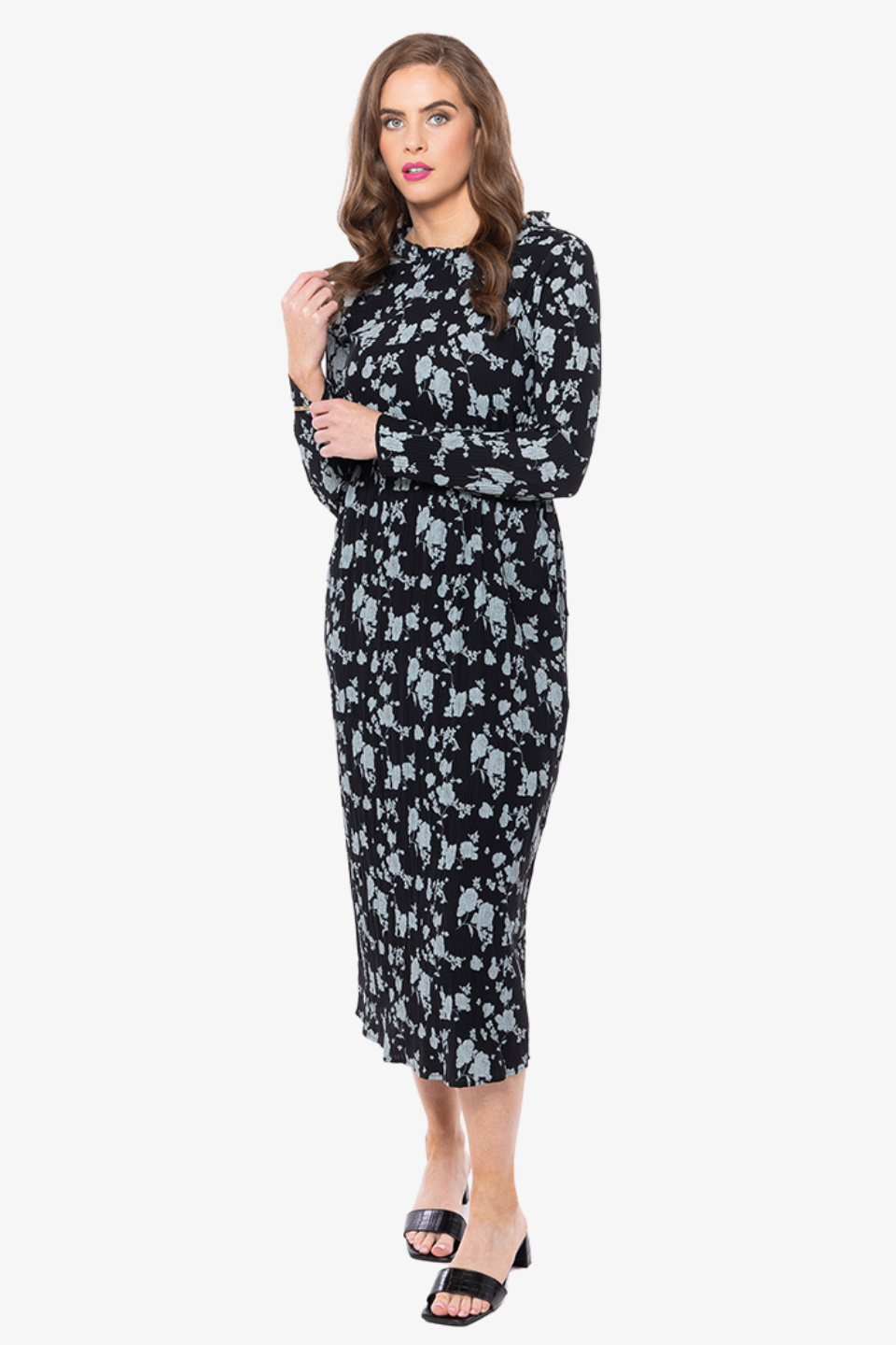 Elegant Black and Blue Rose Crinkle Long Sleeve Shift Dress for Women - Perfect for Casual Outings, Office Wear, and Special Occasions