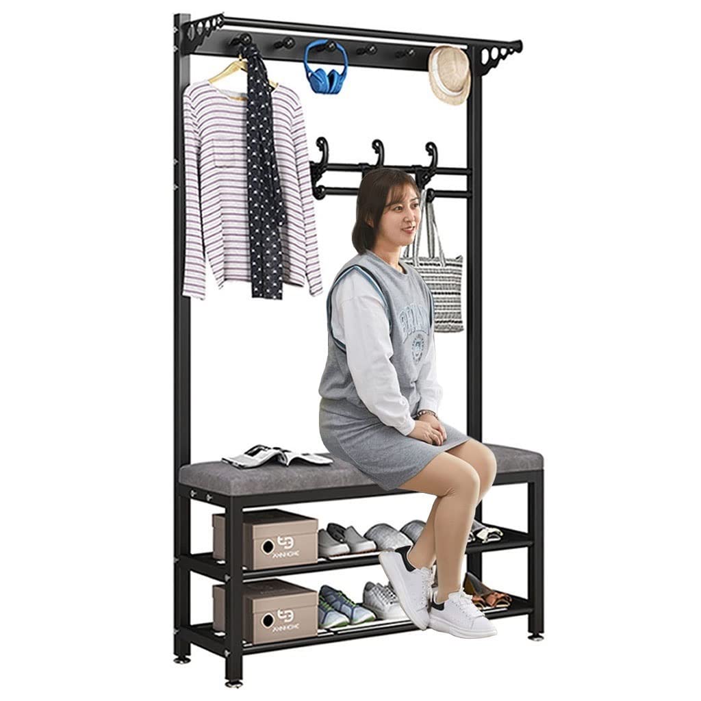 Fangsky Entryway Hall Tree with 10 Hooks - Metal Coat Rack & Shoe Bench for Clothes, Hats, Bags | Space-Saving Hallway Storage Organizer for Bedroom, Living Room | Perfect for Small Apartments & Mudroom Organization