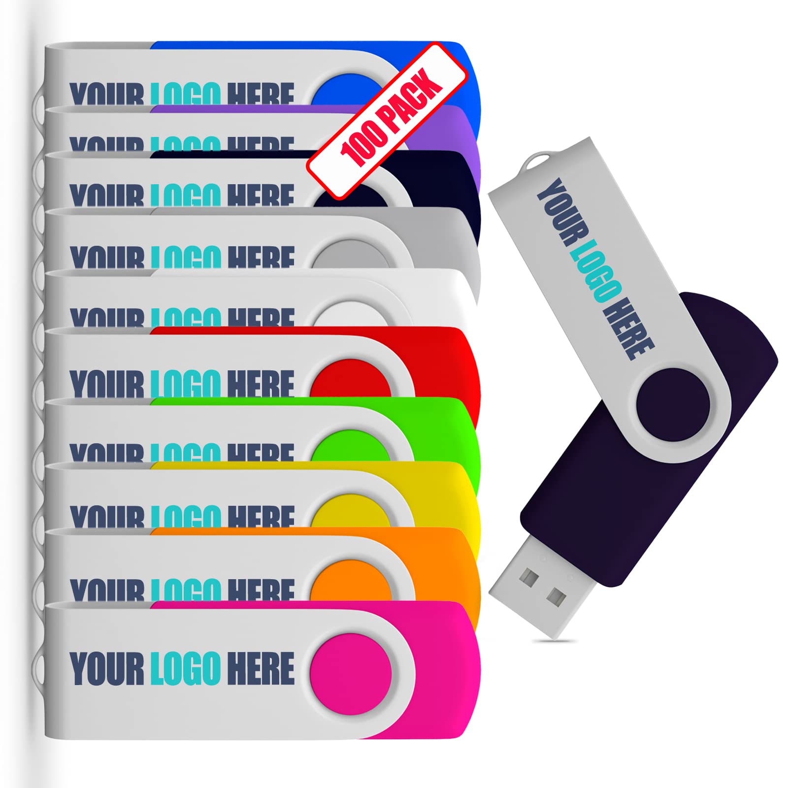 Custom USB Flash Drive 32GB 100 Pack - Logo Printed Promotional Gifts for Business Branding